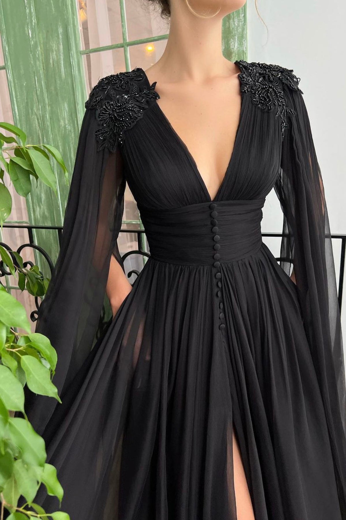 Black V-Neck Chiffon Long Prom Dress, Black Evening Dress with Slit
