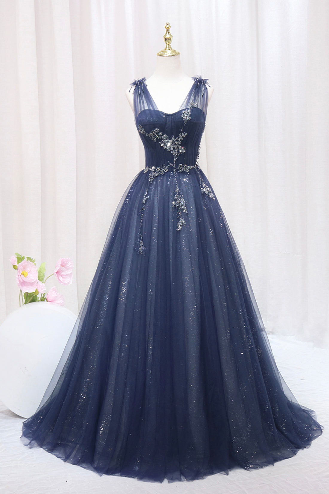 Blue Tulle Beaded Long Prom Dress, Blue A-Line Evening Party Dress Blue Tulle Beaded Long Prom Dress, Blue A-Line Evening Party Dress