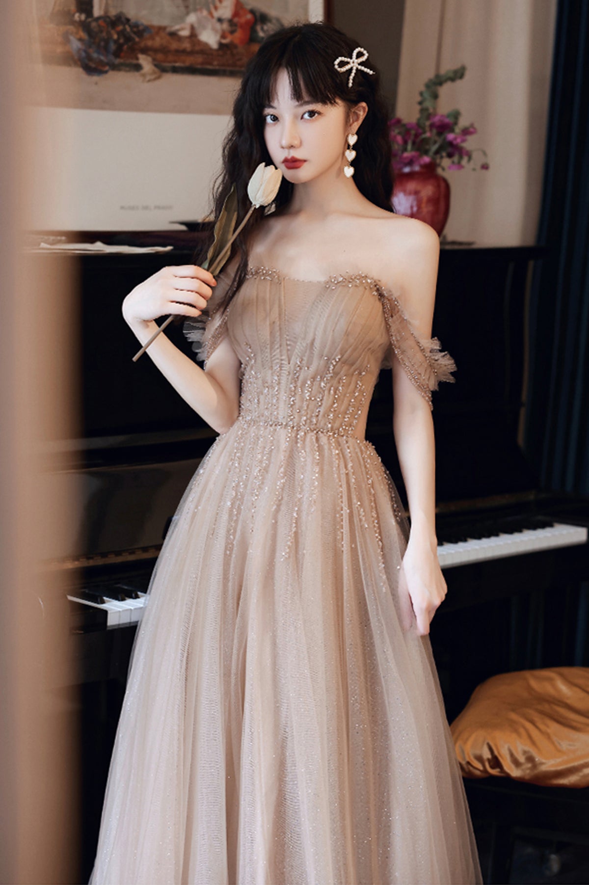 Cute Tulle Long Prom Dress with Beaded, A-Line Off the Shoulder Evening Dress