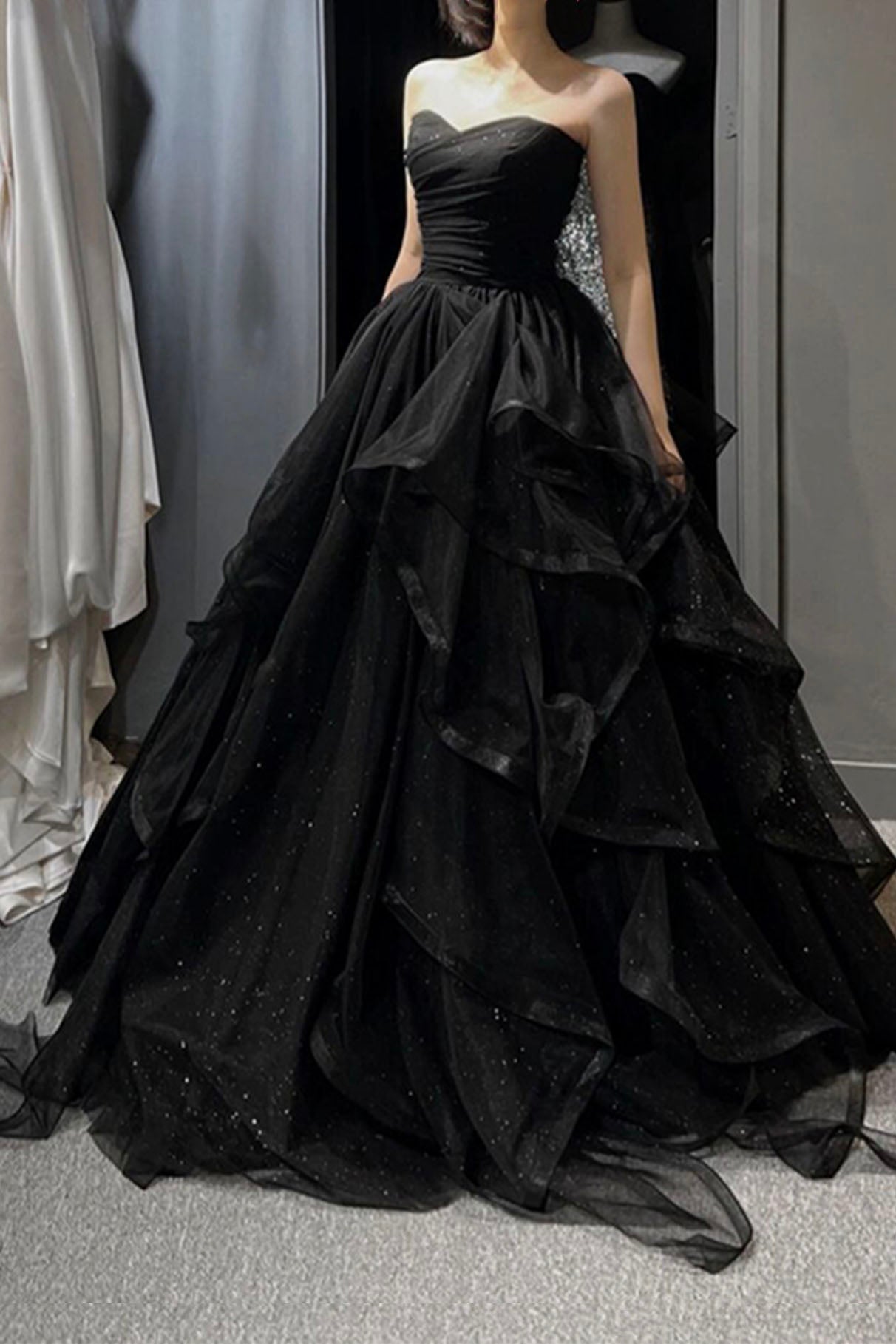 Black Tulle Long Prom Dress, Black Short Sleeve Graduation Dress US 4 / Custom Color
