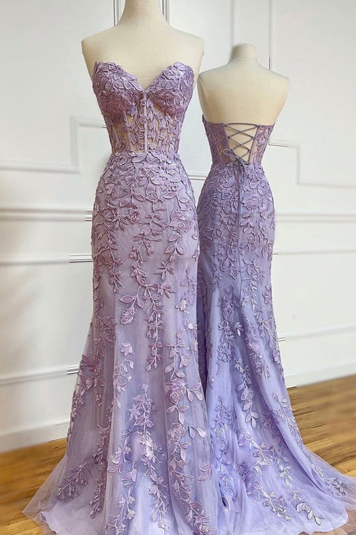 Purple Lace Long Mermaid Prom Dresses, Beautiful Strapless Evening Dresses