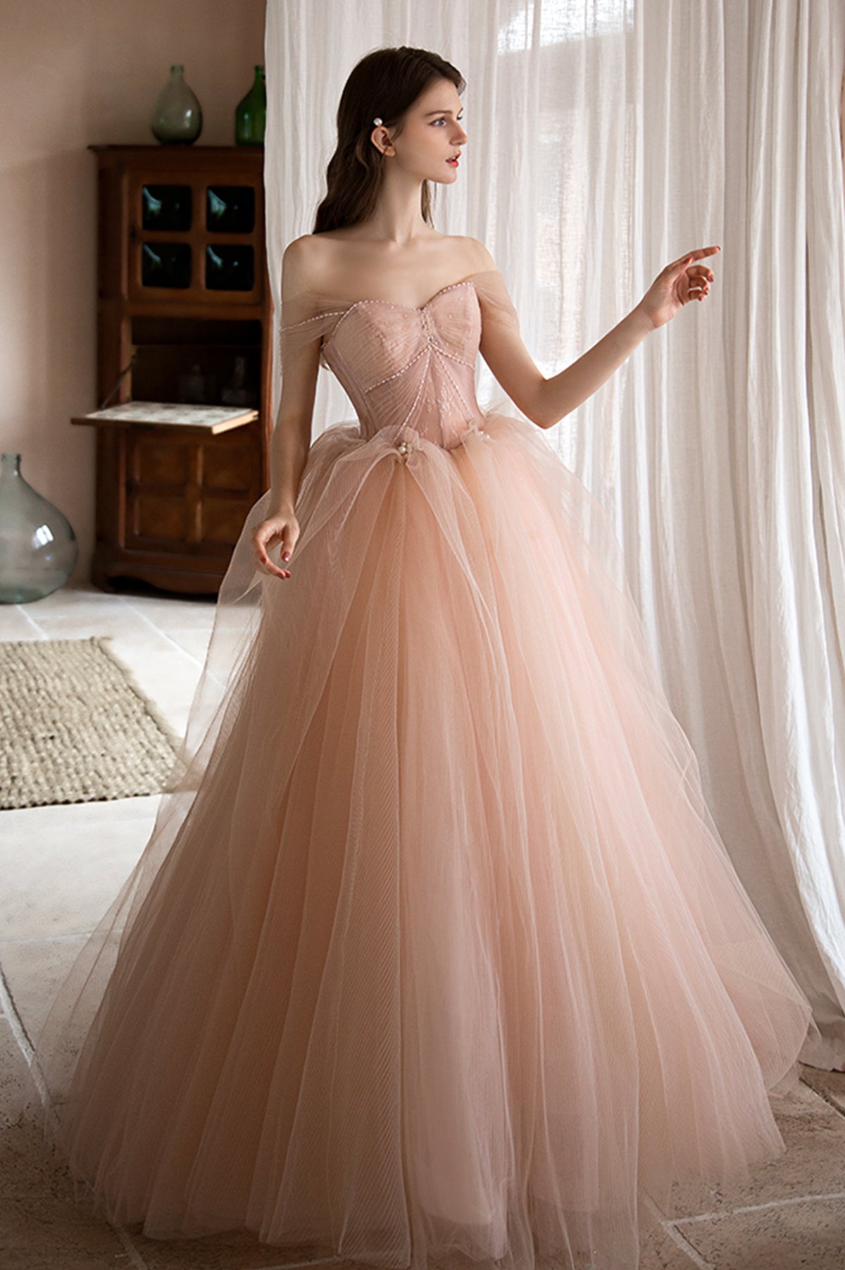 Pink Tulle Lace Long A-Line Prom Dress, Lovely Off the Shoulder Party Dress
