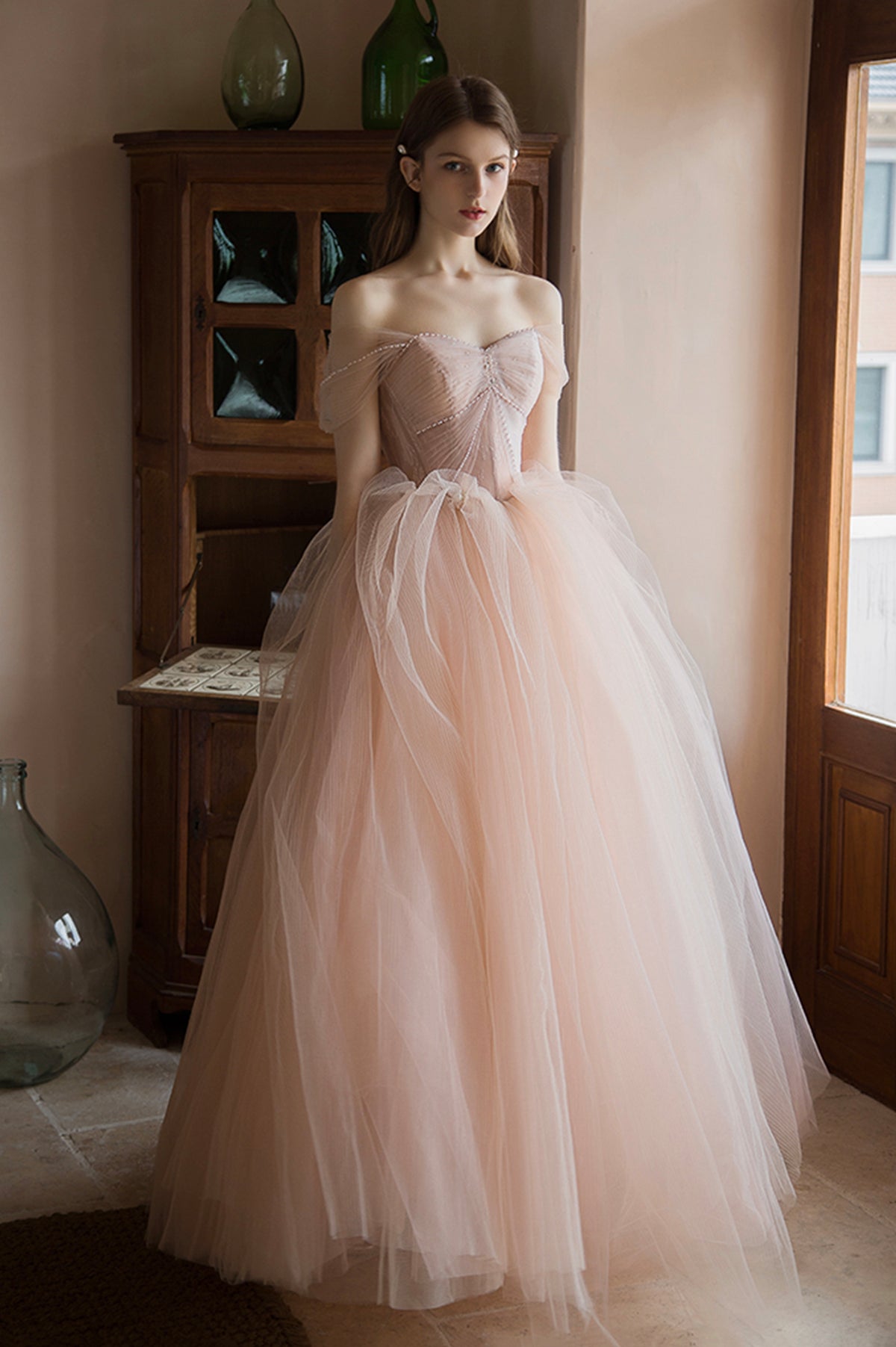 Pink Tulle Lace Long A-Line Prom Dress, Lovely Off the Shoulder Party Dress