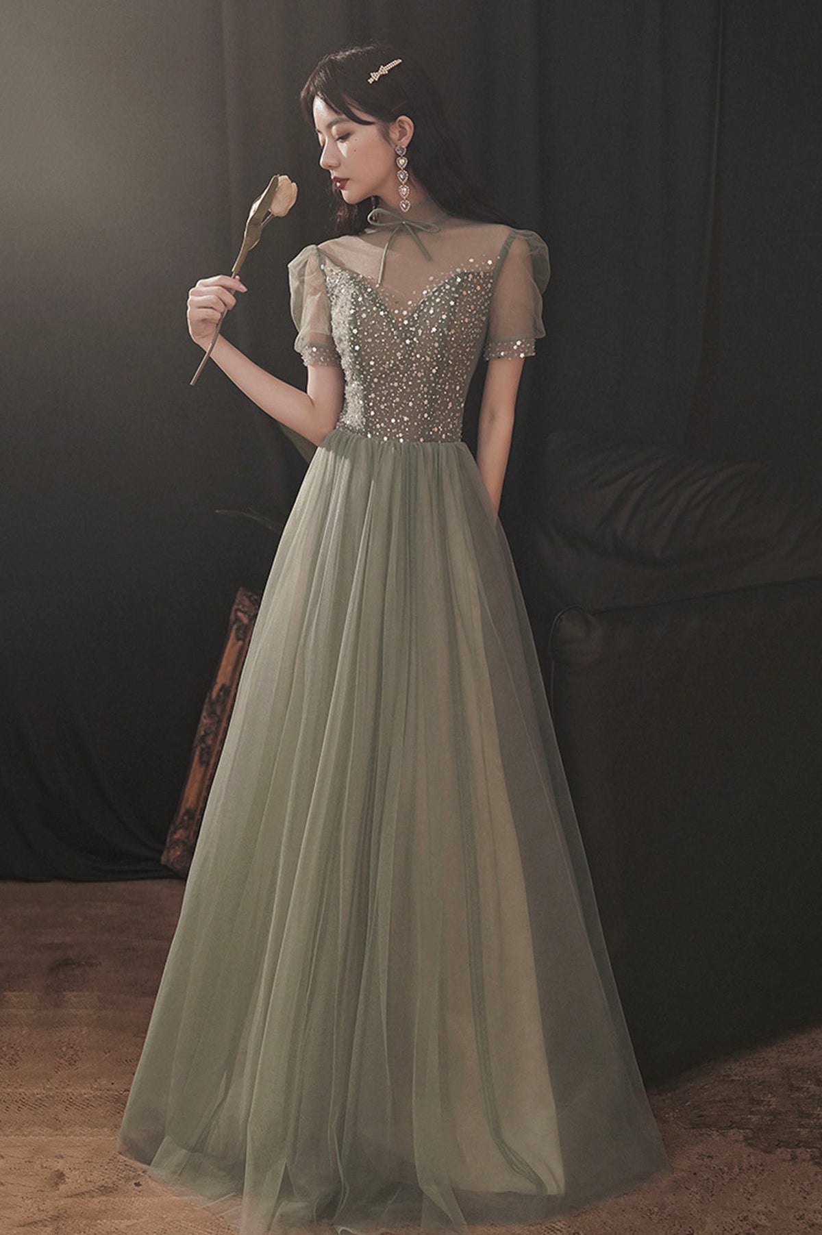 Cute Tulle Sequins Long Prom Dress, A-Line Short Sleeve Evening Party Dress