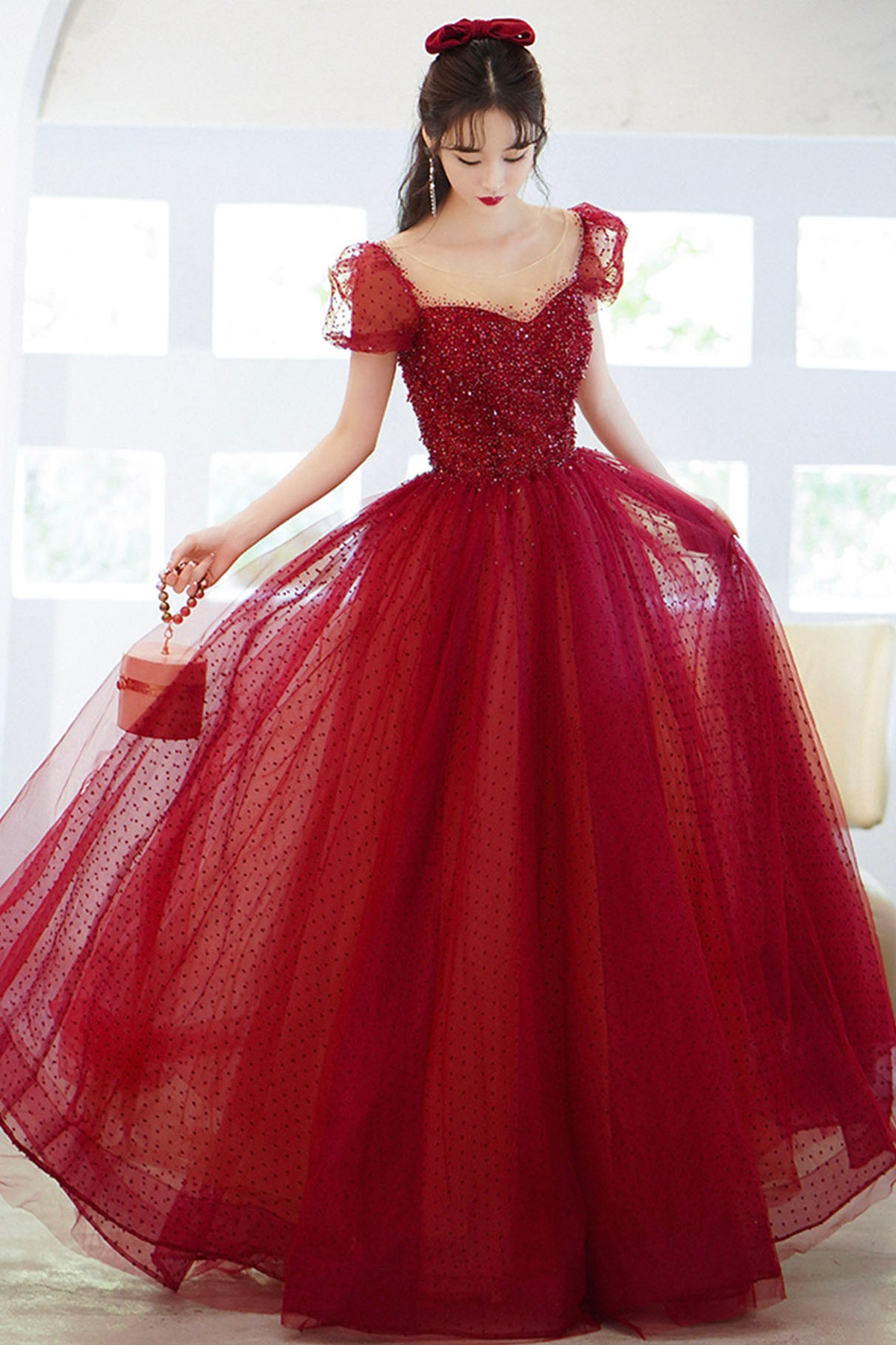 Red Scoop Neckline Tulle Long Prom Dress with Sequins, A-Line Formal Evening Dress