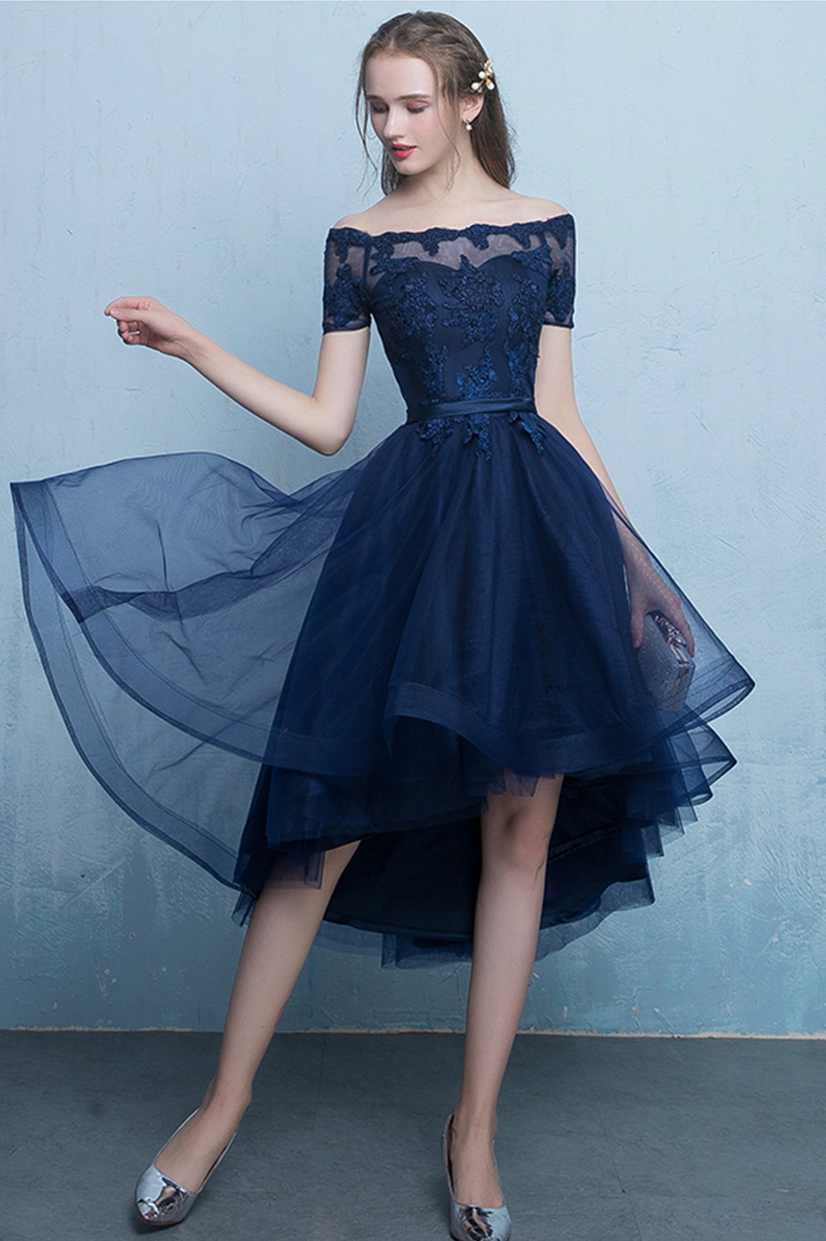 Cute Lace High Low Prom Dress, A-Line Homecoming Party Dress