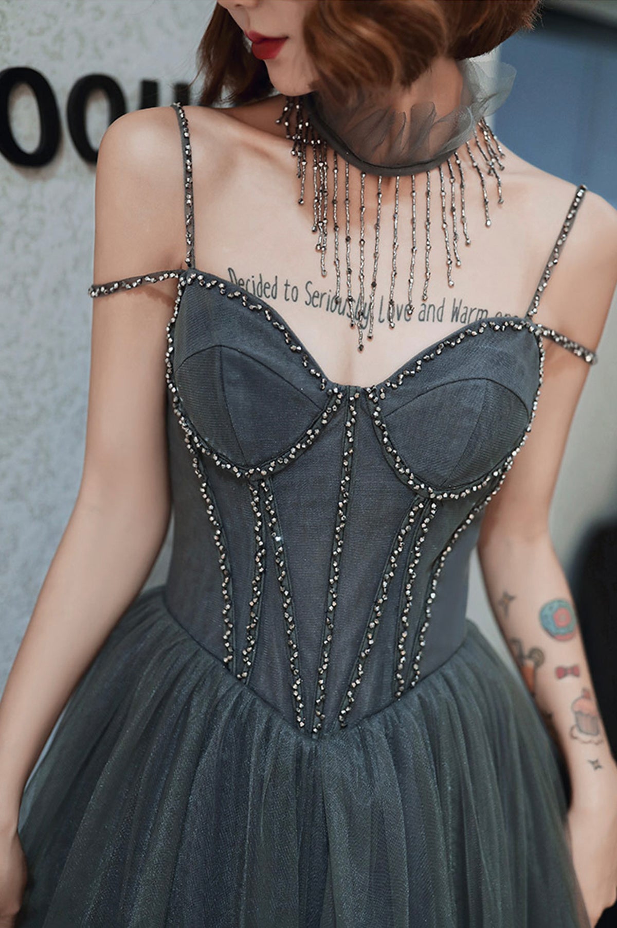 Gray Spaghetti Straps Tulle Long Prom Dress, A-Line Evening Party Dress