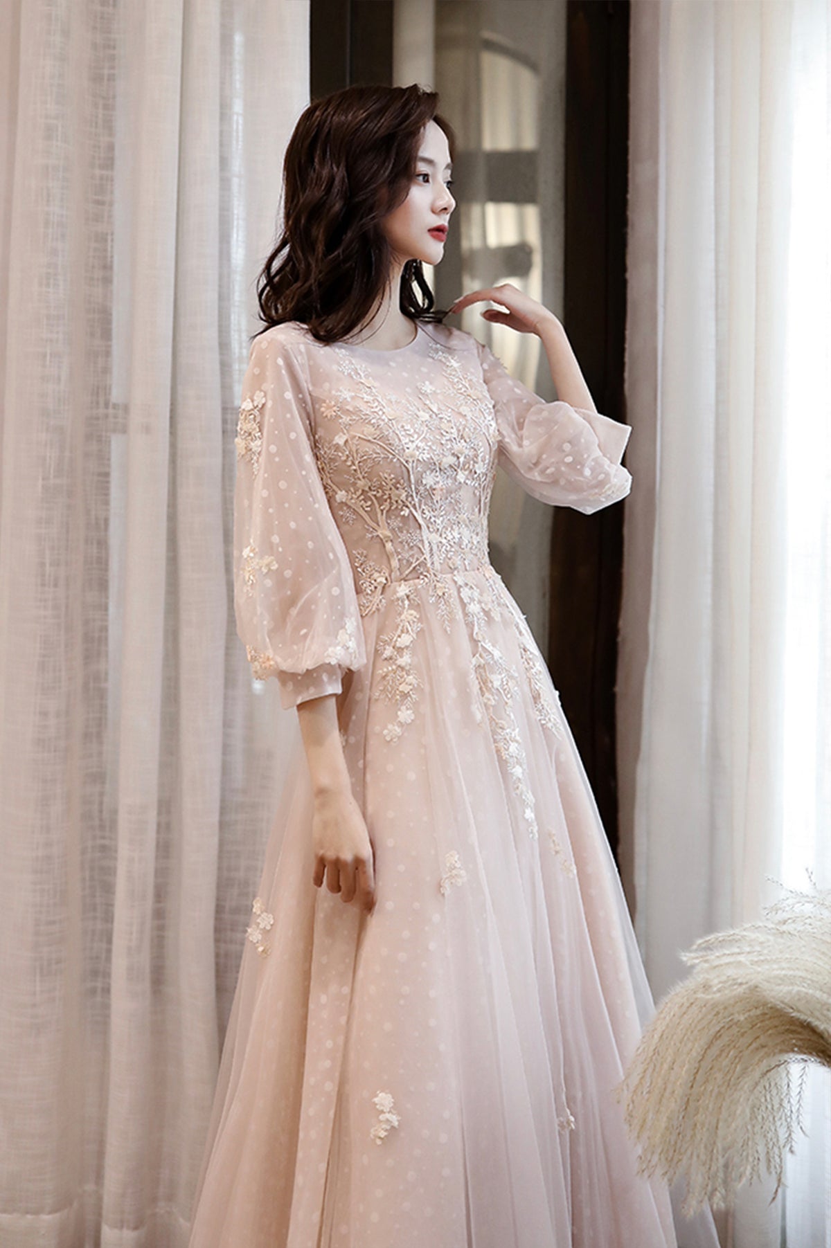 Pink Tulle Lace Long Sleeve Prom Dress, Lovely A-Line Party Dress