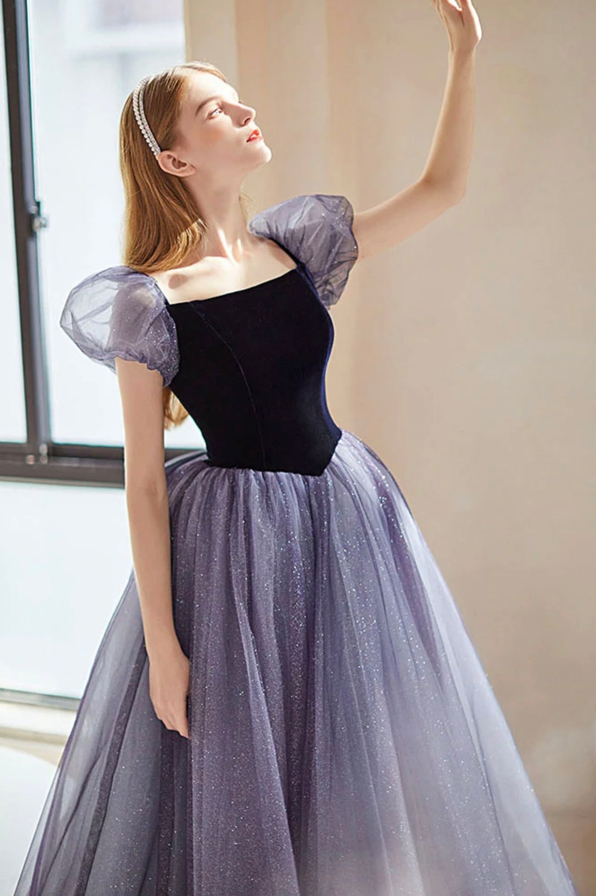 Purple Tulle Long A-Line Prom Dress, Cute Purple Evening Party Dress