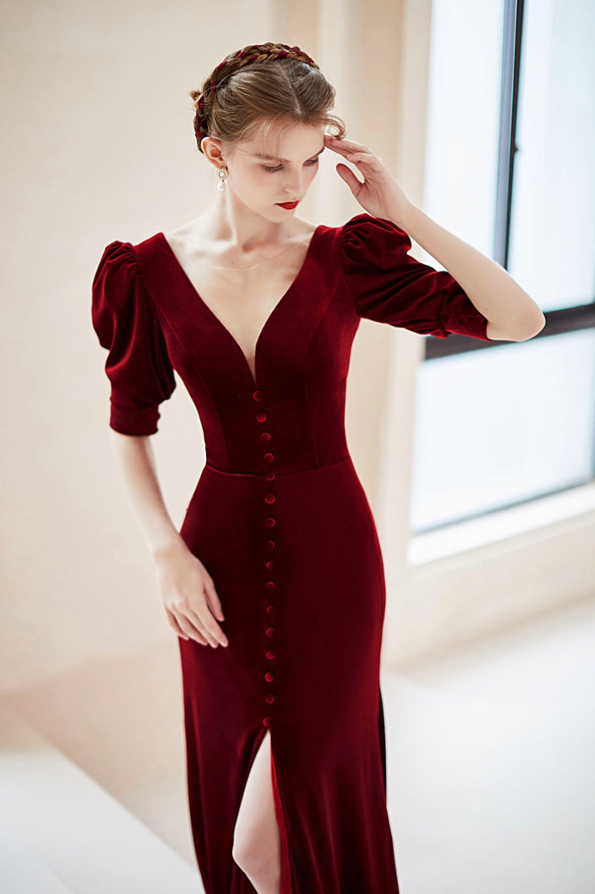 Burgundy Velvet Long Mermaid Prom Dress, Short Sleeve Evening Dress with Slit