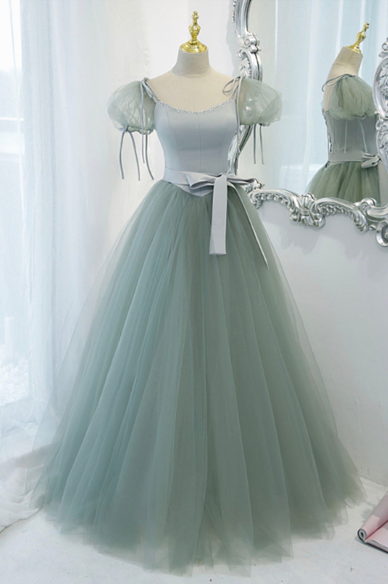 Green Tulle Long A-Line Prom Dress, Cute Short Sleeve Graduation Dress Green Tulle Long A-Line Prom Dress, Cute Short Sleeve Graduation Dress