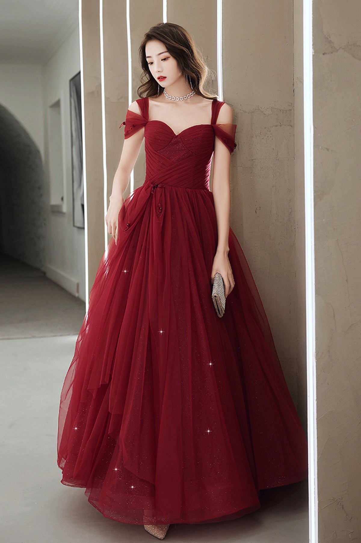Burgundy Tulle Long A-Line Prom Dress, Burgundy Evening Party Dress