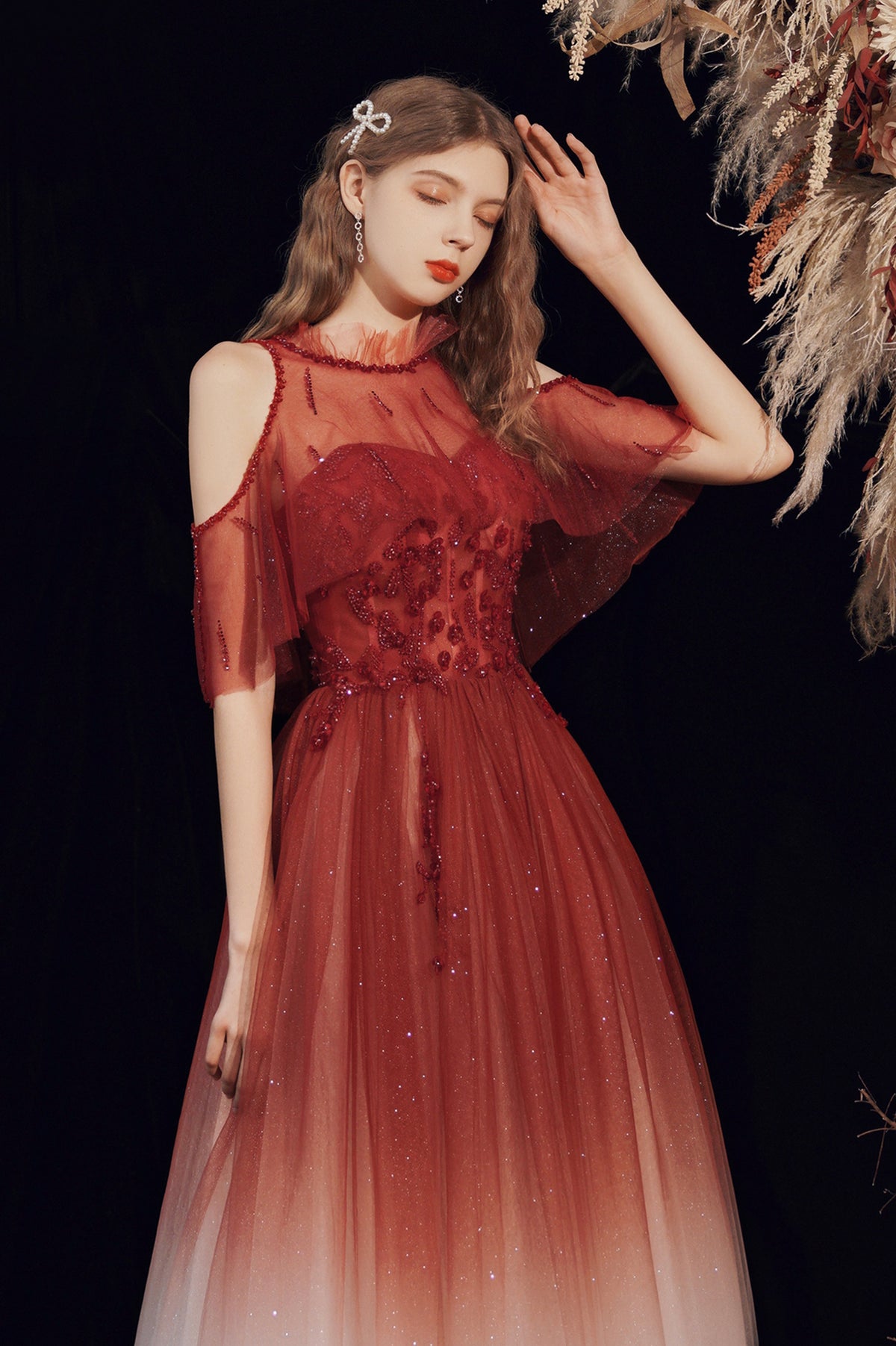 Burgundy Tulle Long Prom Dress with Sequins, Cute A-Line Party Dress