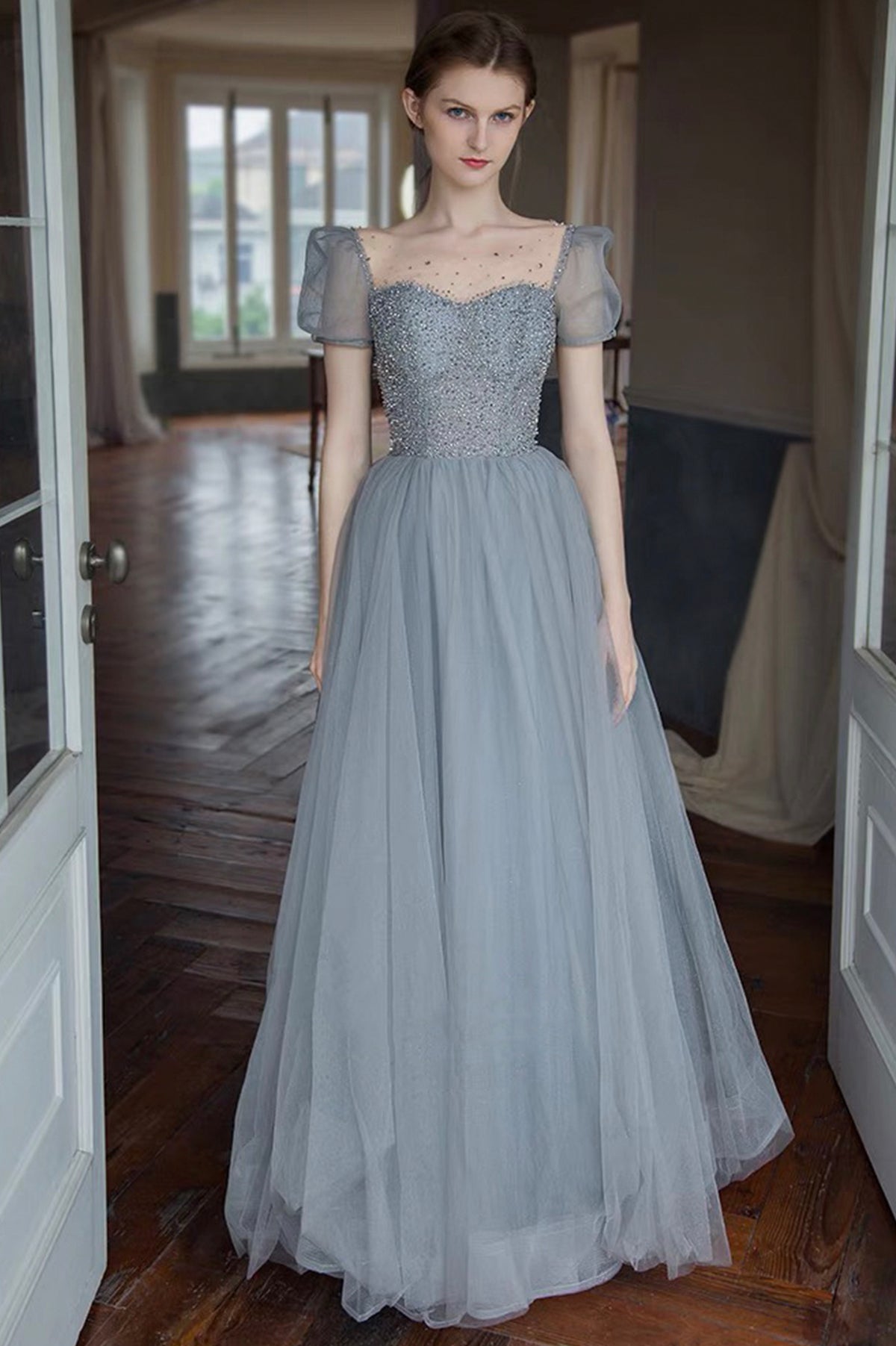 Gray A-Line Tulle Long Prom Dress with Beaded, Gray Evening Party Dress
