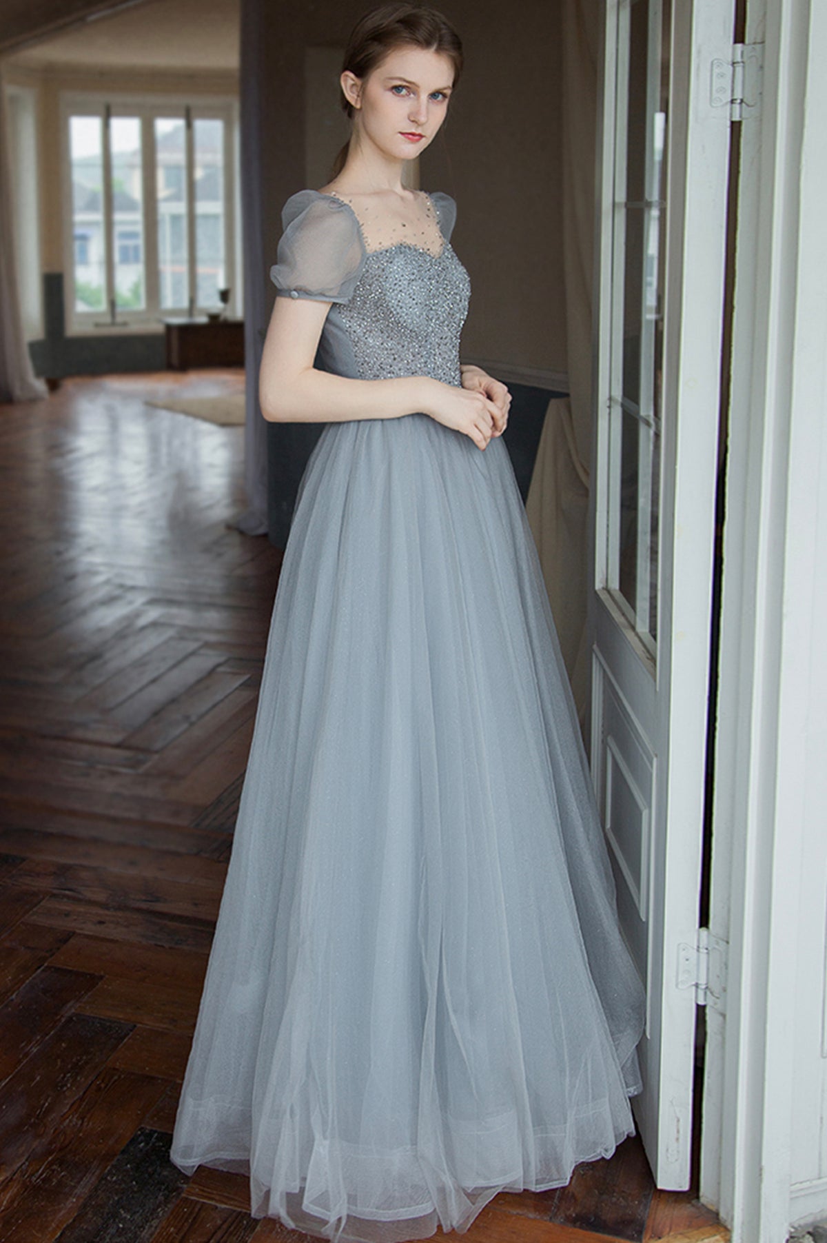Gray A-Line Tulle Long Prom Dress with Beaded, Gray Evening Party Dress