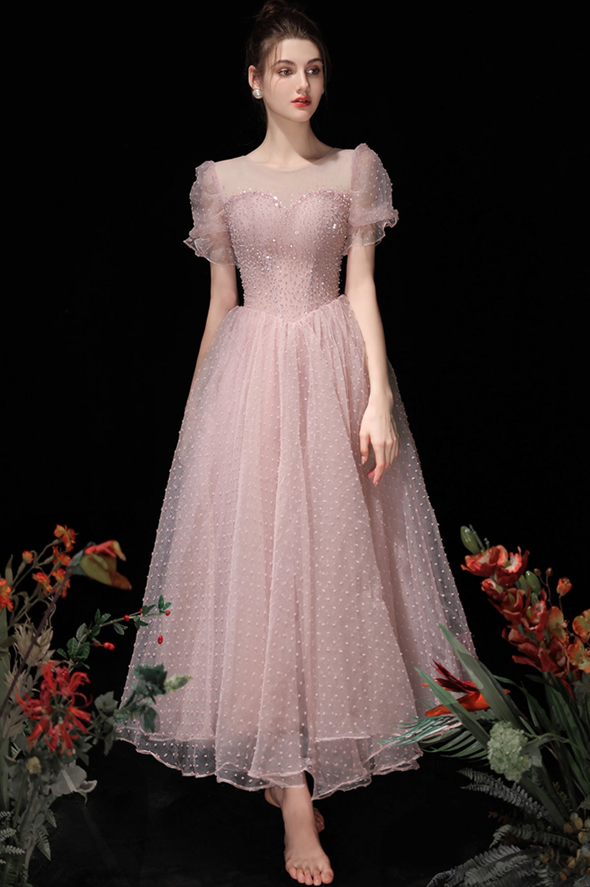 Pink Tulle Short A-Line Prom Dress, Cute Scoop Neckline Homecoming Party Dress