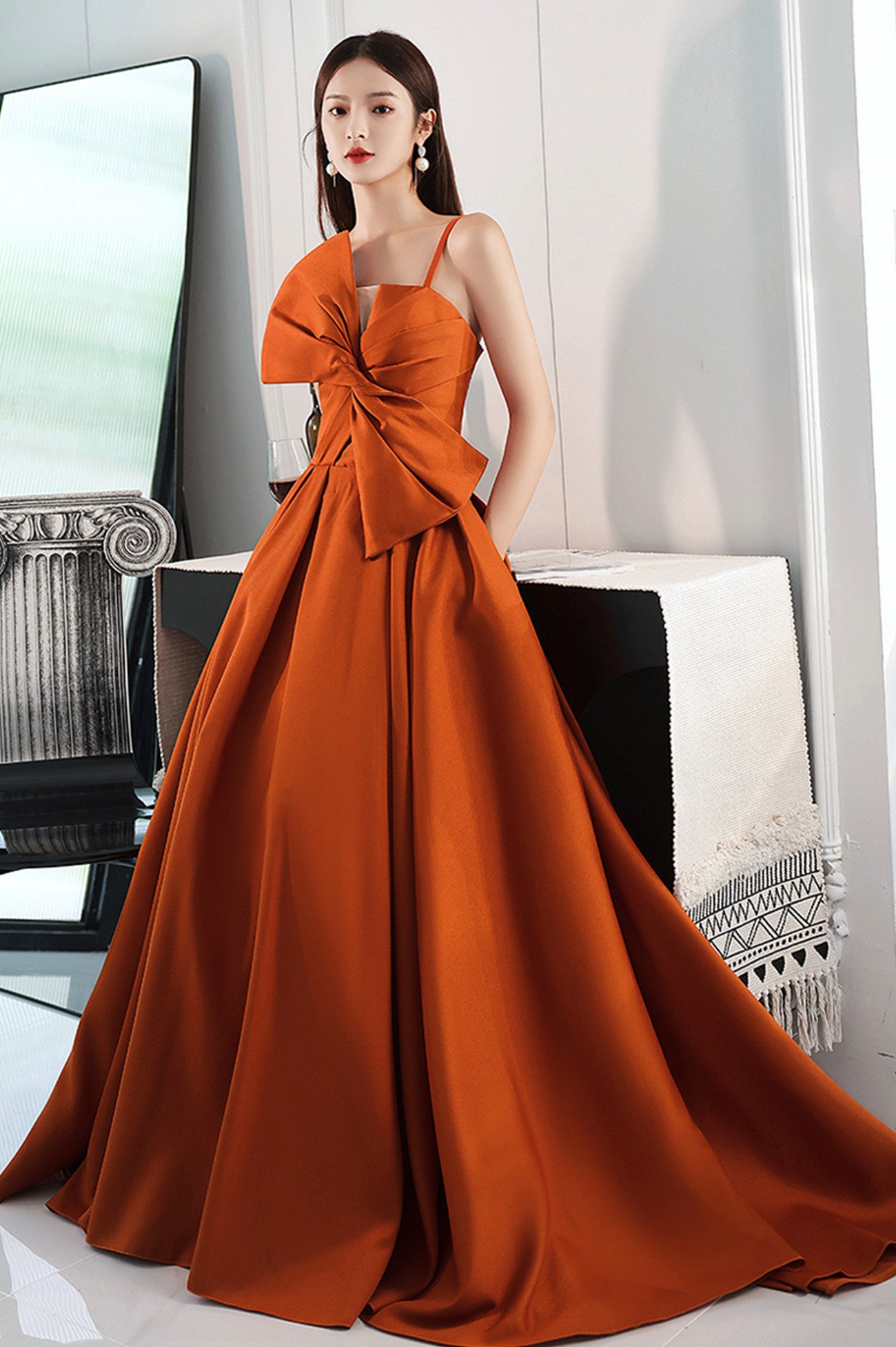 Orange Satin Long A-Line Prom Dress, Chic Evening Dress with Bow Orange Satin Long A-Line Prom Dress, Chic Evening Dress with Bow