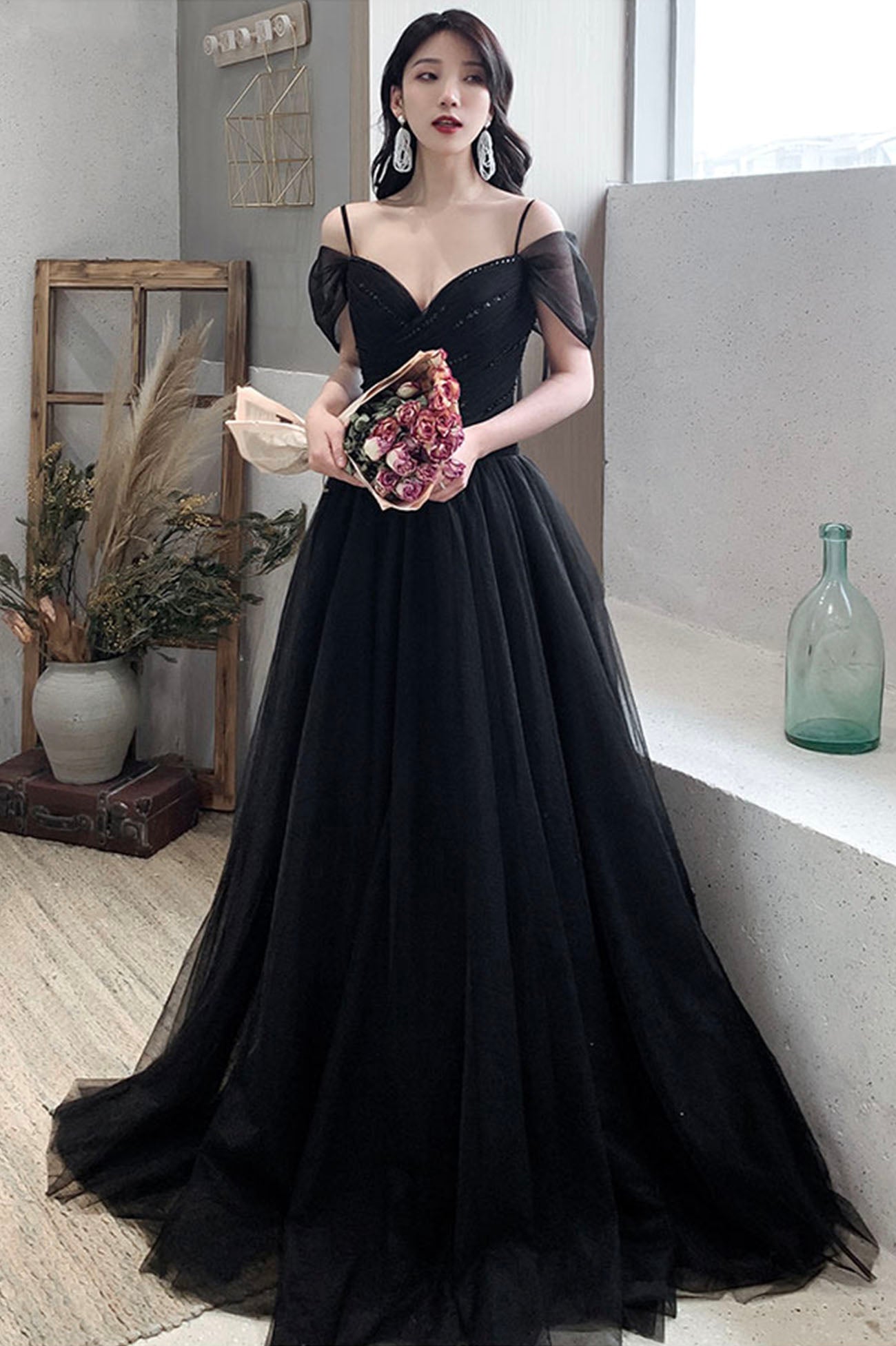 Black V-Neck Tulle Long Prom Dress, Off the Shoulder Evening Dress Black V-Neck Tulle Long Prom Dress, Off the Shoulder Evening Dress