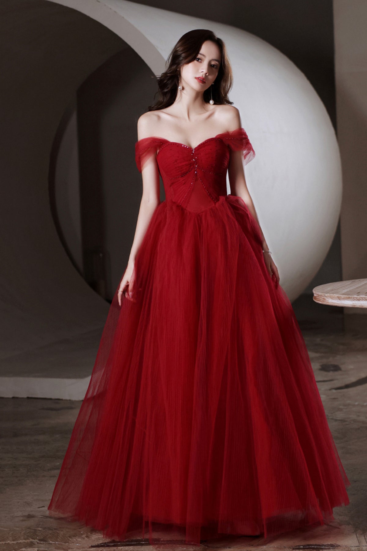 Red Tulle Long A-Line Prom Dress, Off the Shoulder Evening Graduation Dress