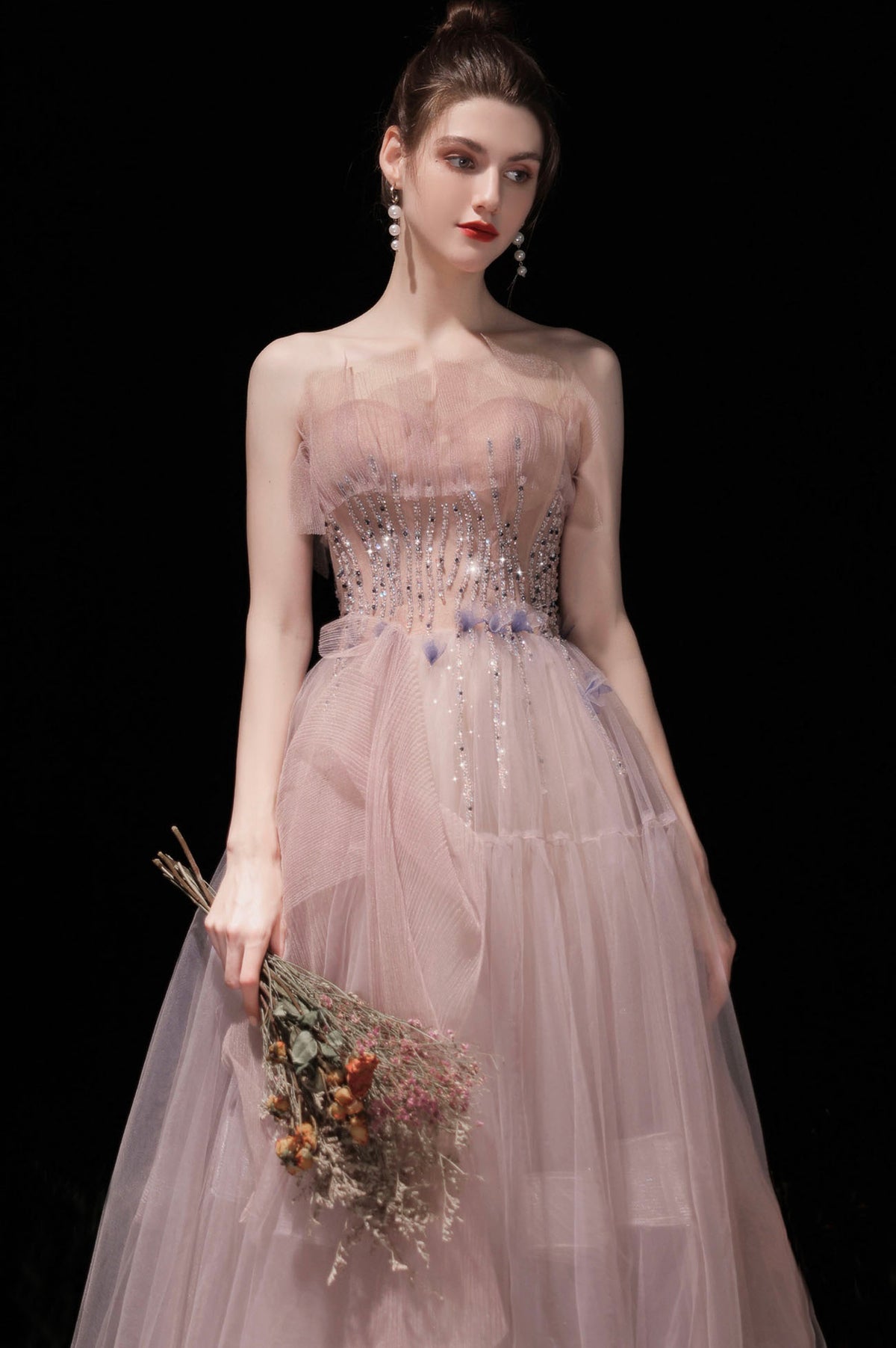 Pink Strapless Tulle Long Prom Dress with Beaded, Lovely Evening Party Dress