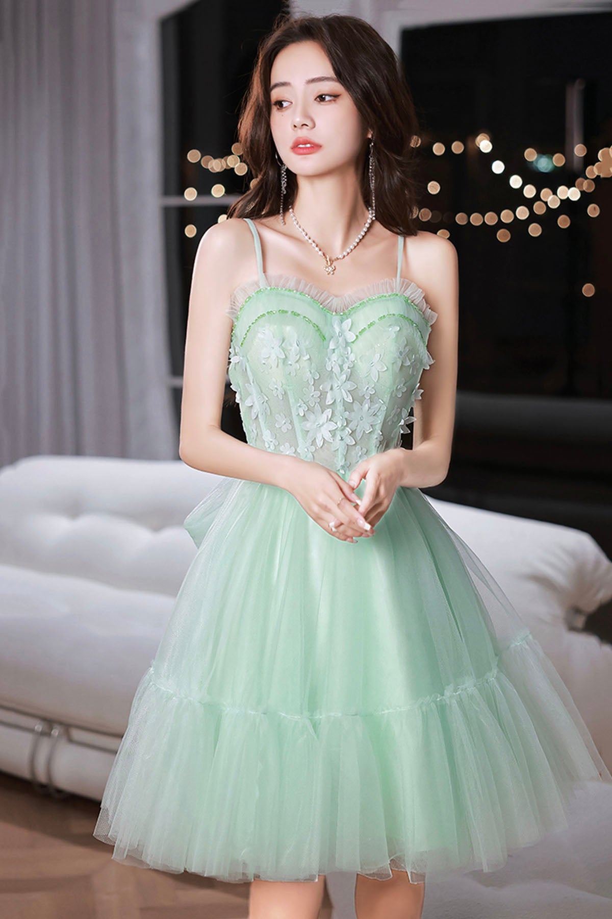 Tea Length Mint Tulle Dress Mint Sky Puff Sleeve Dress Teuta Matoshi