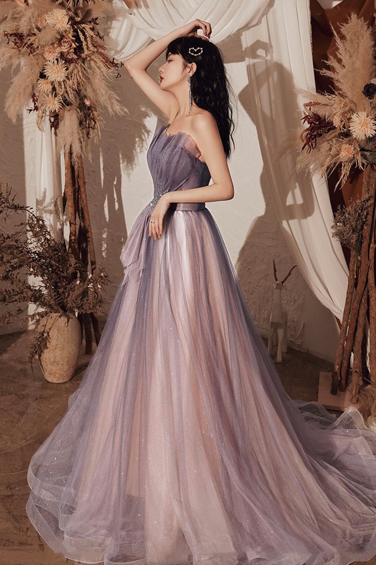 Purple Shiny Tulle Long A-Line Prom Dresses, Cute Strapless Graduation Dresses