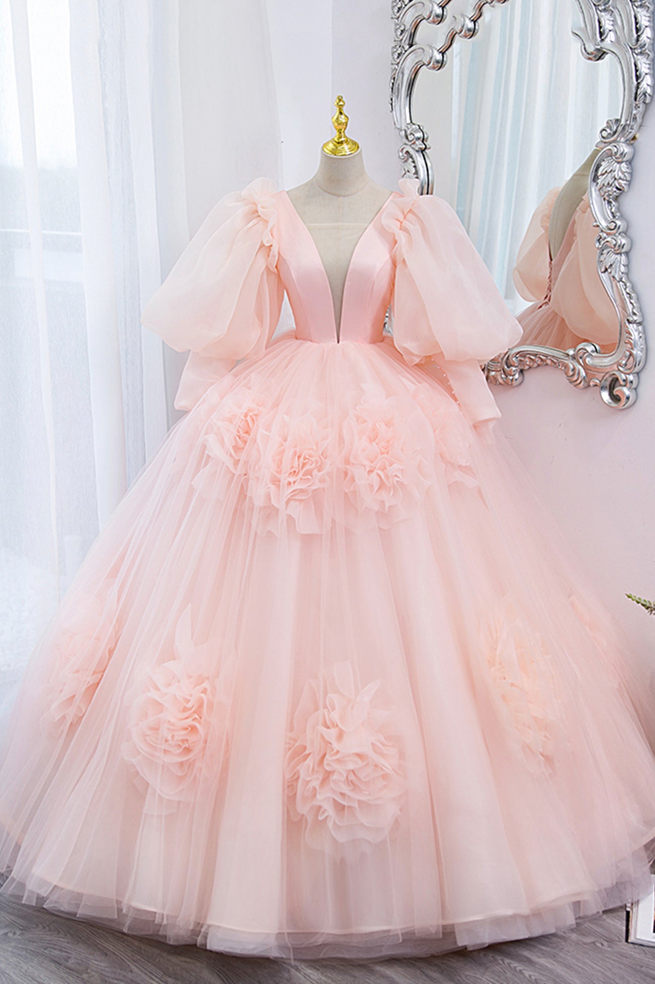 Pink V-Neck Tulle Long Prom Dress, A-Line Puff Sleeve Princess Dress Pink V-Neck Tulle Long Prom Dress, A-Line Puff Sleeve Princess Dress