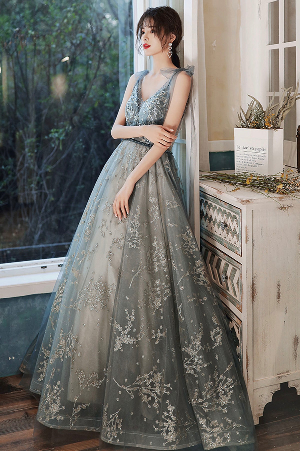 Gray V-Neck Tulle Long Prom Dress with Sequins, A-Line Graduation Dress