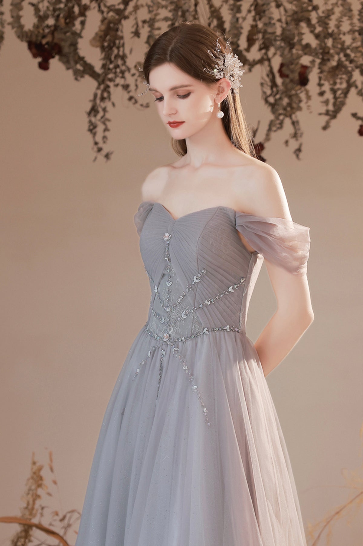 Gray Beaded Sweetheart Long Evening Prom Dress, Beautiful Gray Party Dress