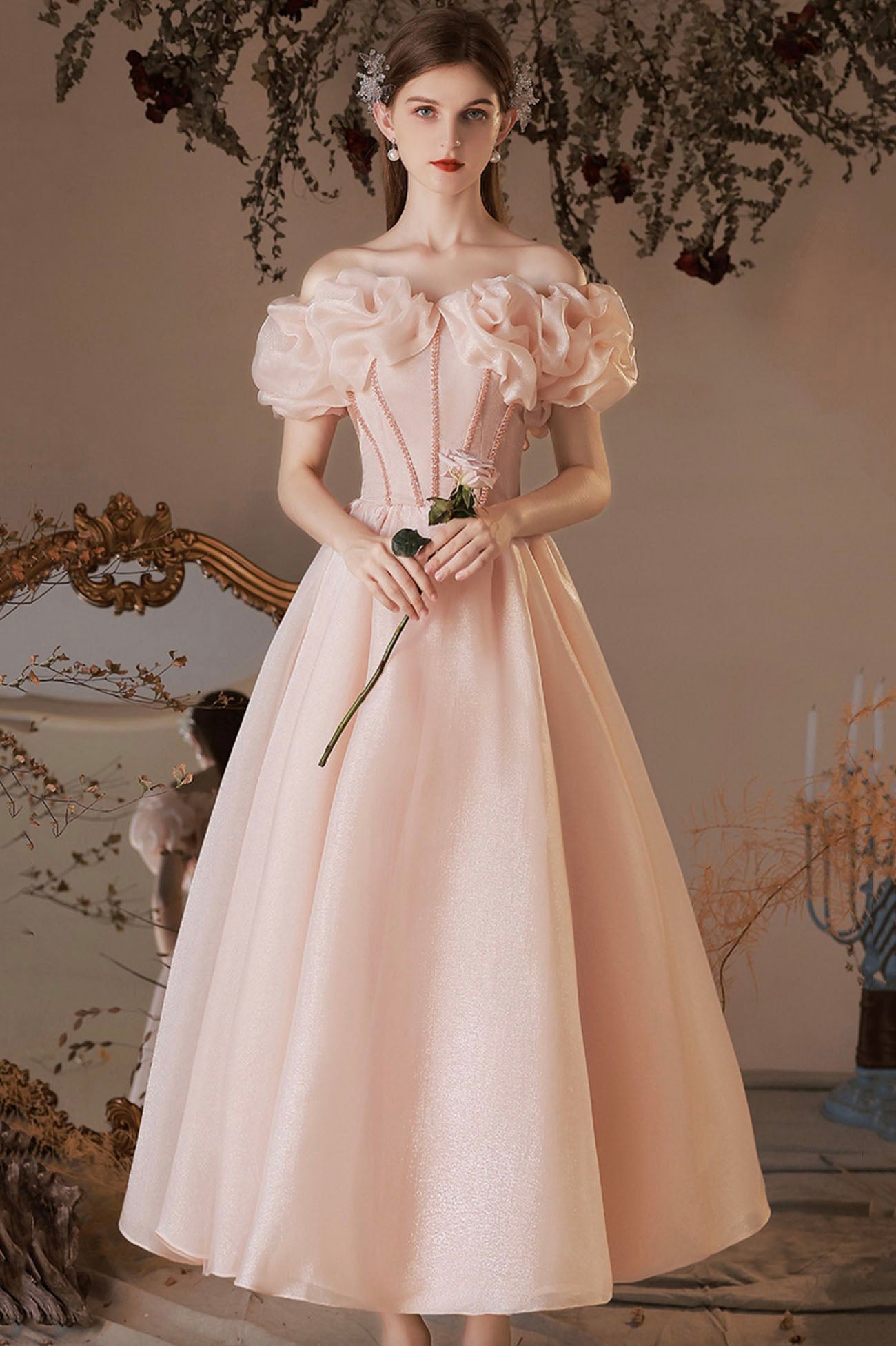 Pink Tulle Beaded Short A-Line Prom Dress, Off the Shoulder Homecoming Pink Tulle Beaded Short A-Line Prom Dress, Off the Shoulder Homecoming