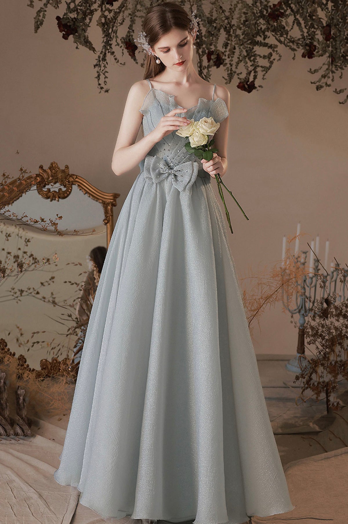 Gray Tulle Long A-Line Prom Dress with Bow, Lovely Graduation Dress
