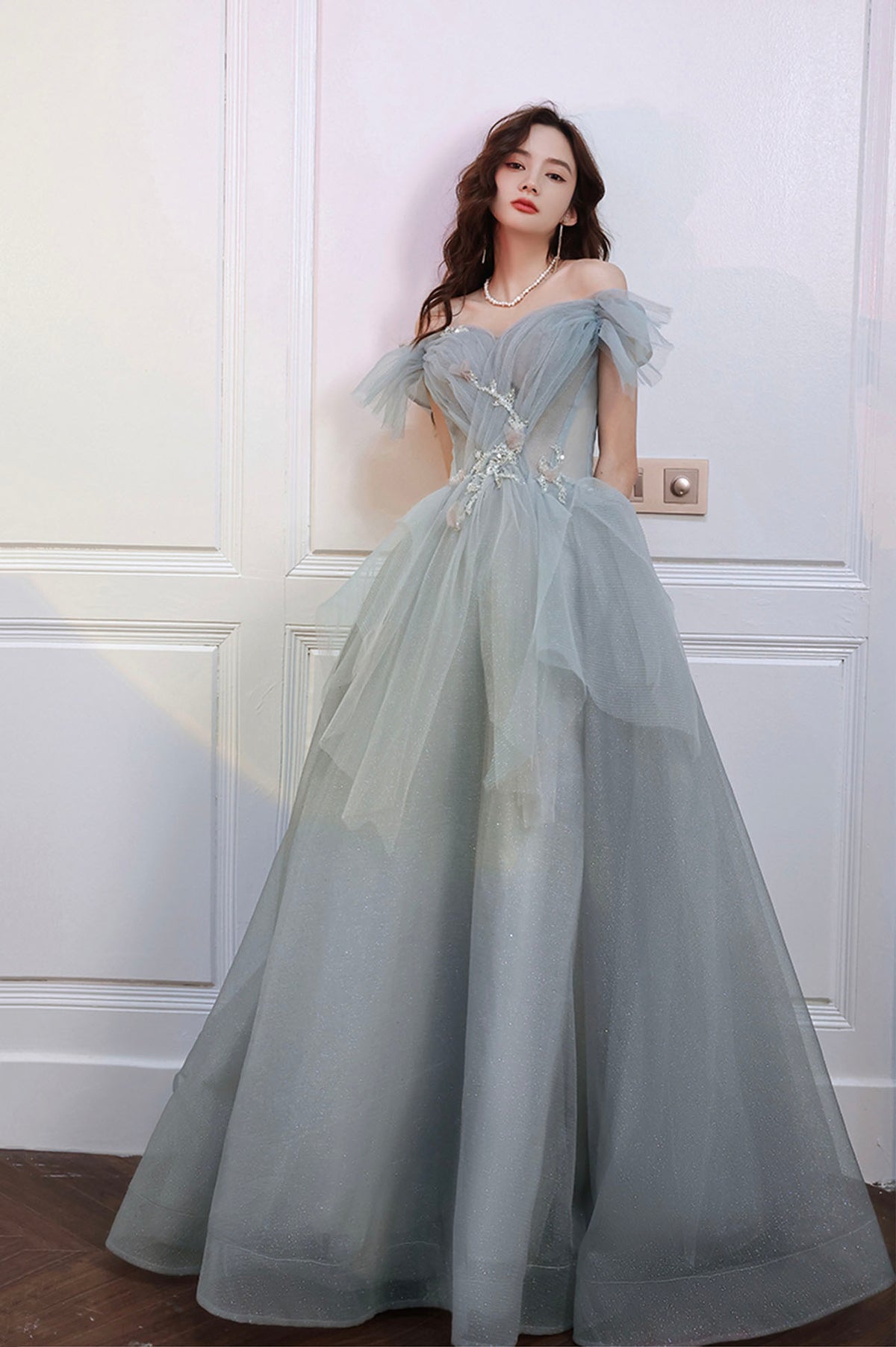 Gray Tulle Long A-Line Prom Dress, Off the Shoulder Evening Party Dress