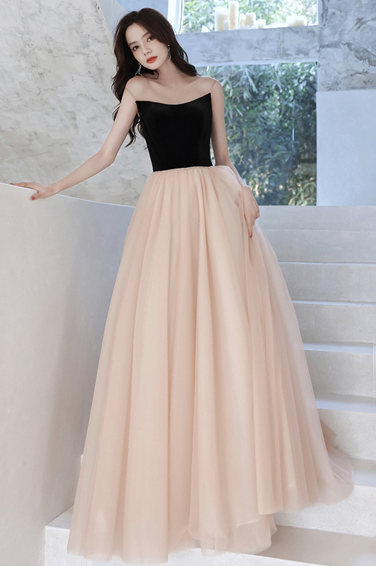 Elegant Tulle Long A-Line Prom Dress, Champagne Scoop Neckline Evening Elegant Tulle Long A-Line Prom Dress, Champagne Scoop Neckline Evening