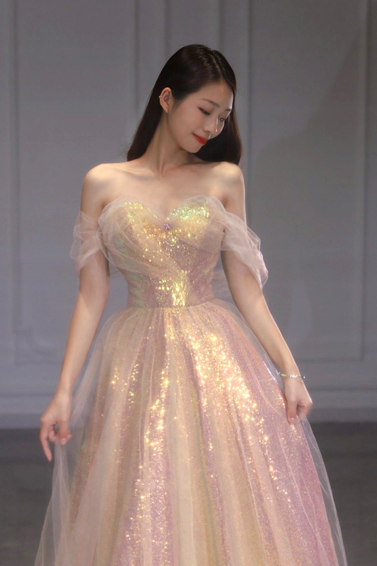 Shiny Tulle Long Prom Dress with Sequins, Off the Shoulder Evening Dress