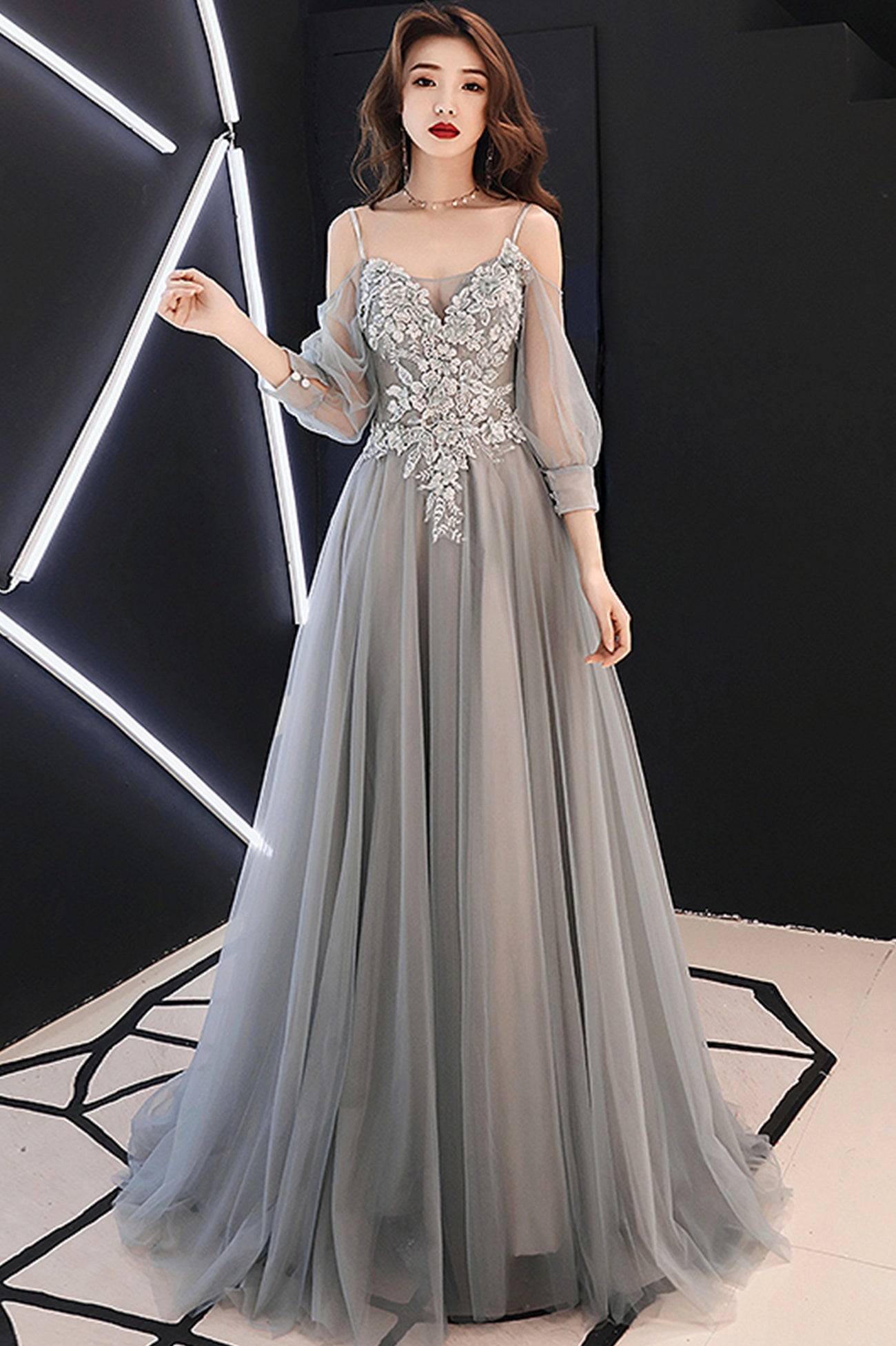 slim fit dress slacks Long Sleeve Grey Lace Graduation Dresses for Junior Beaded Long Evening Prom Dress APD3433