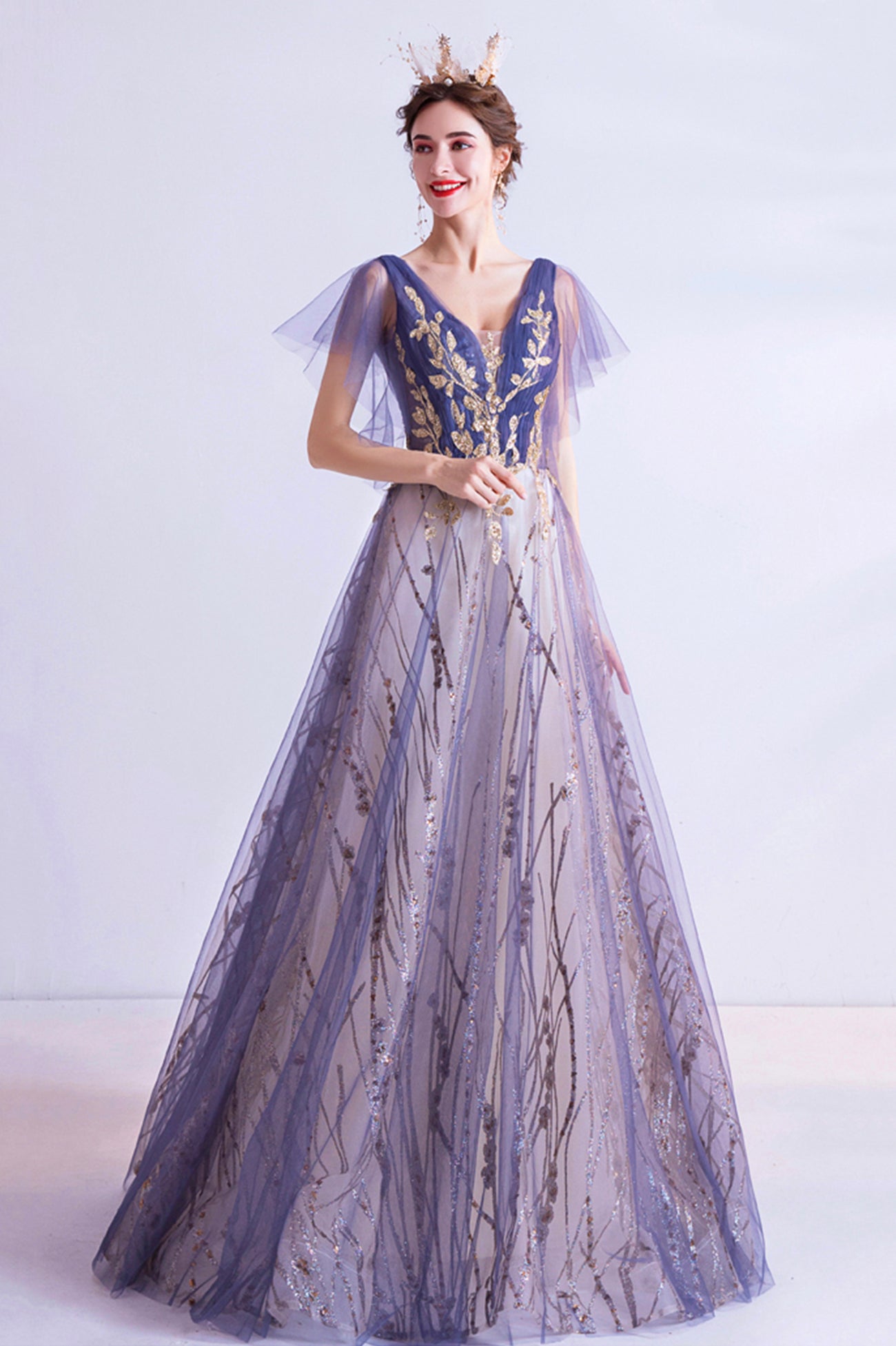 Purple V-Neck Tulle Sequins Long Prom Dress, A-Line Evening Party Dres