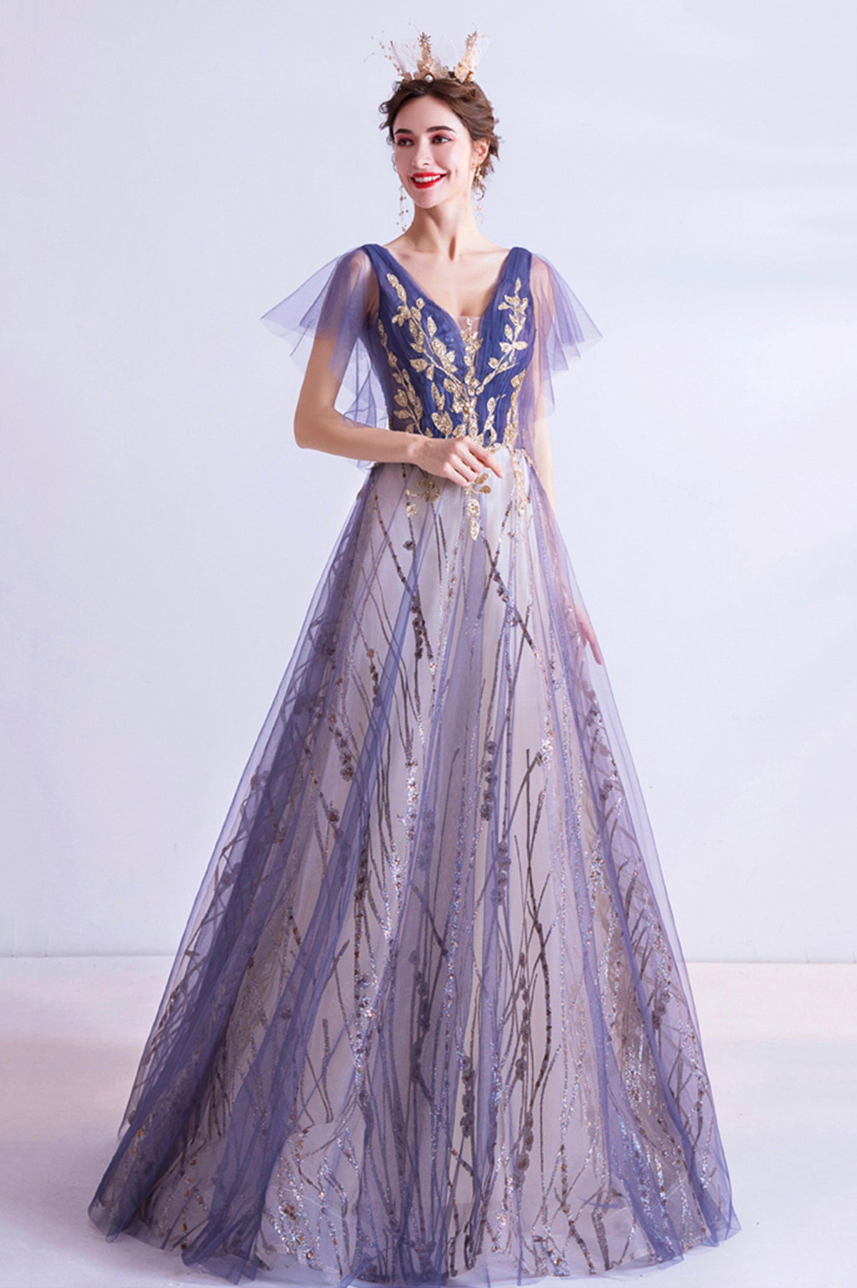 Purple V-Neck Tulle Sequins Long Prom Dress, A-Line Evening Party Dress