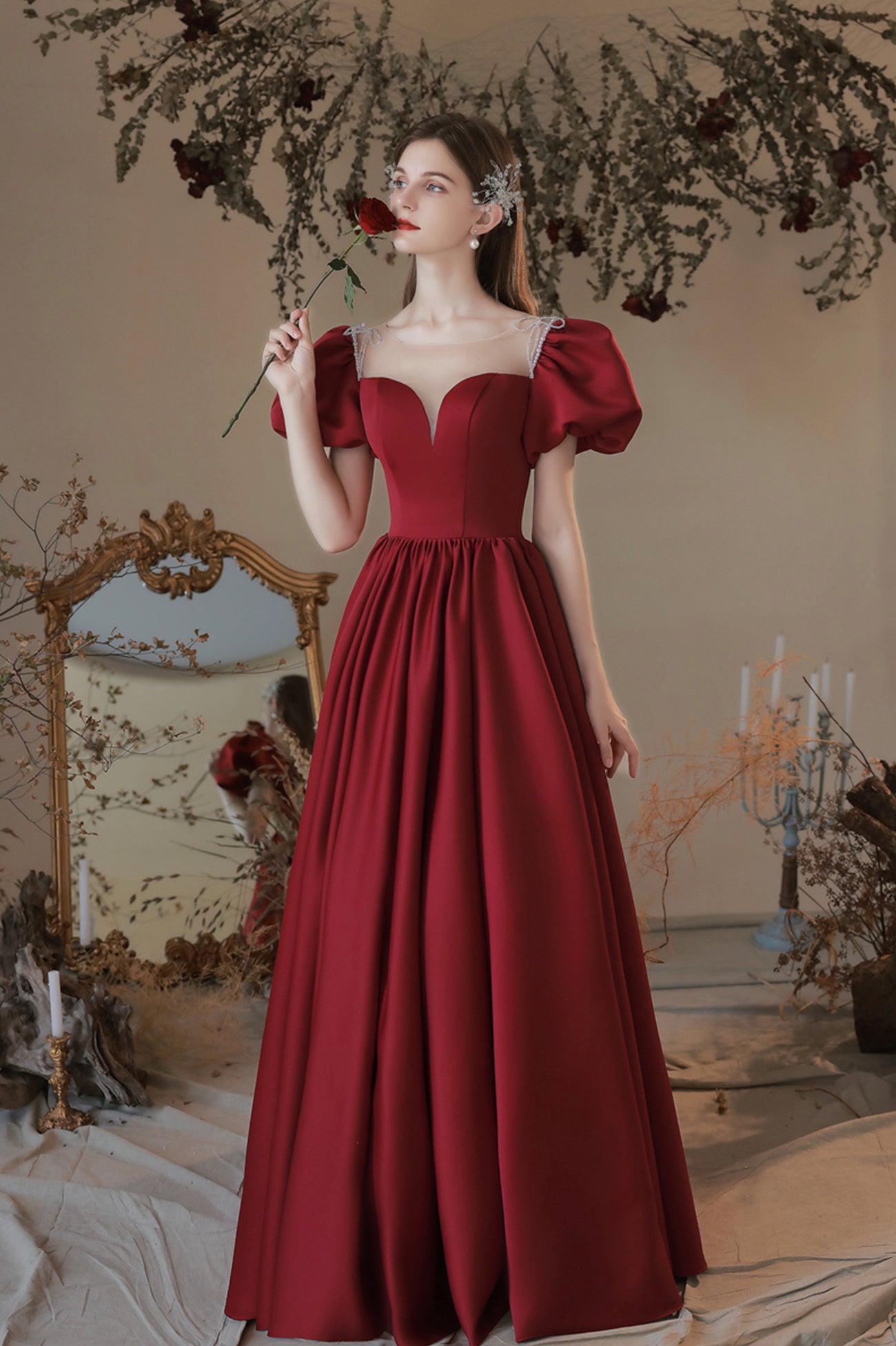 Burgundy Satin Long A-Line Prom Dress, Cute Short Sleeve Graduation Dr Burgundy Satin Long A-Line Prom Dress, Cute Short Sleeve Graduation Dr