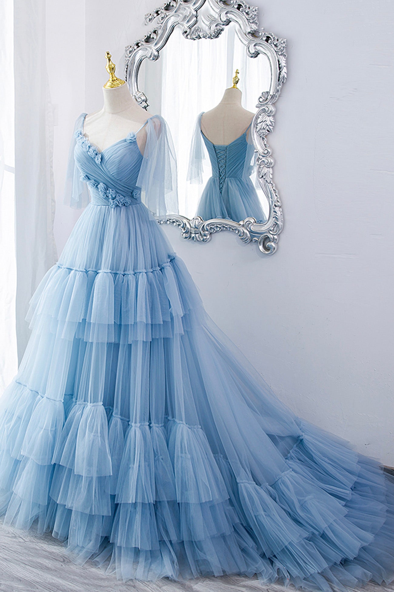 Blue V-Neck Tulle Long Prom Dress, A-Line Evening Party Dress Blue V-Neck Tulle Long Prom Dress, A-Line Evening Party Dress