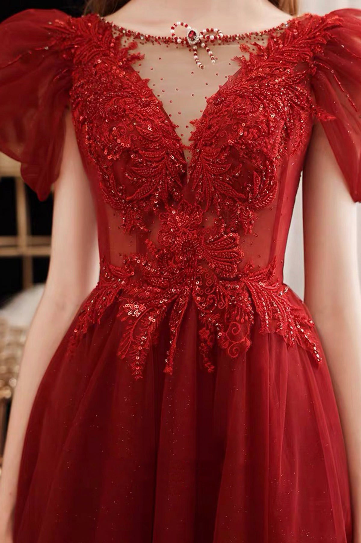 Burgundy Lace Long Prom Dress with Sequins, Cute Puff Sleeve Graduation Dress