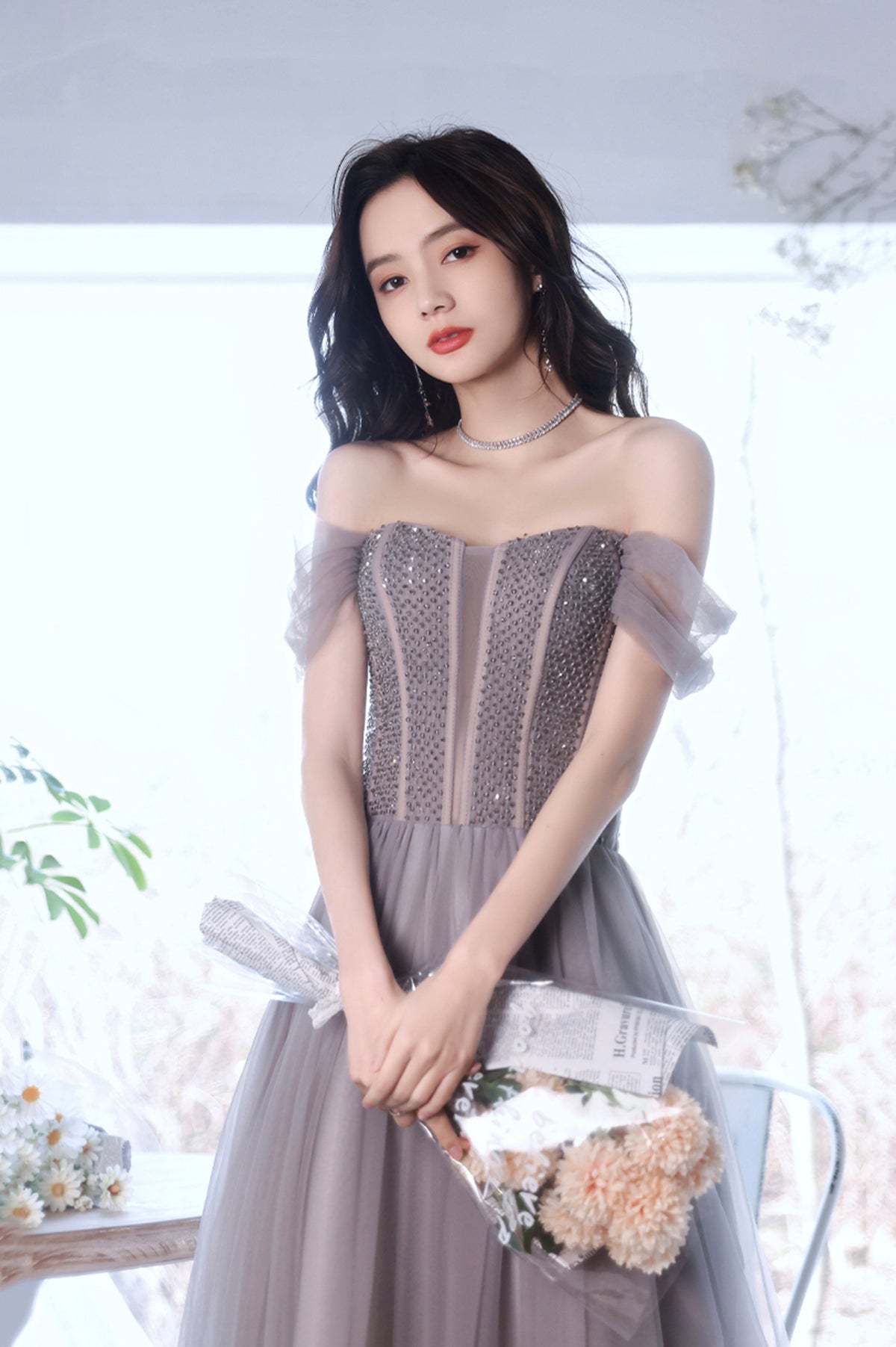 A-Line Tulle Long Prom Dress with Beaded, Purple Evening Graduation Dress