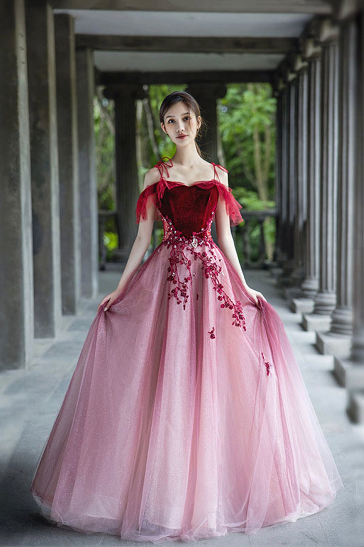 Red Velvet Tulle Long Prom Dress, Lovely A-Line Graduation Dress