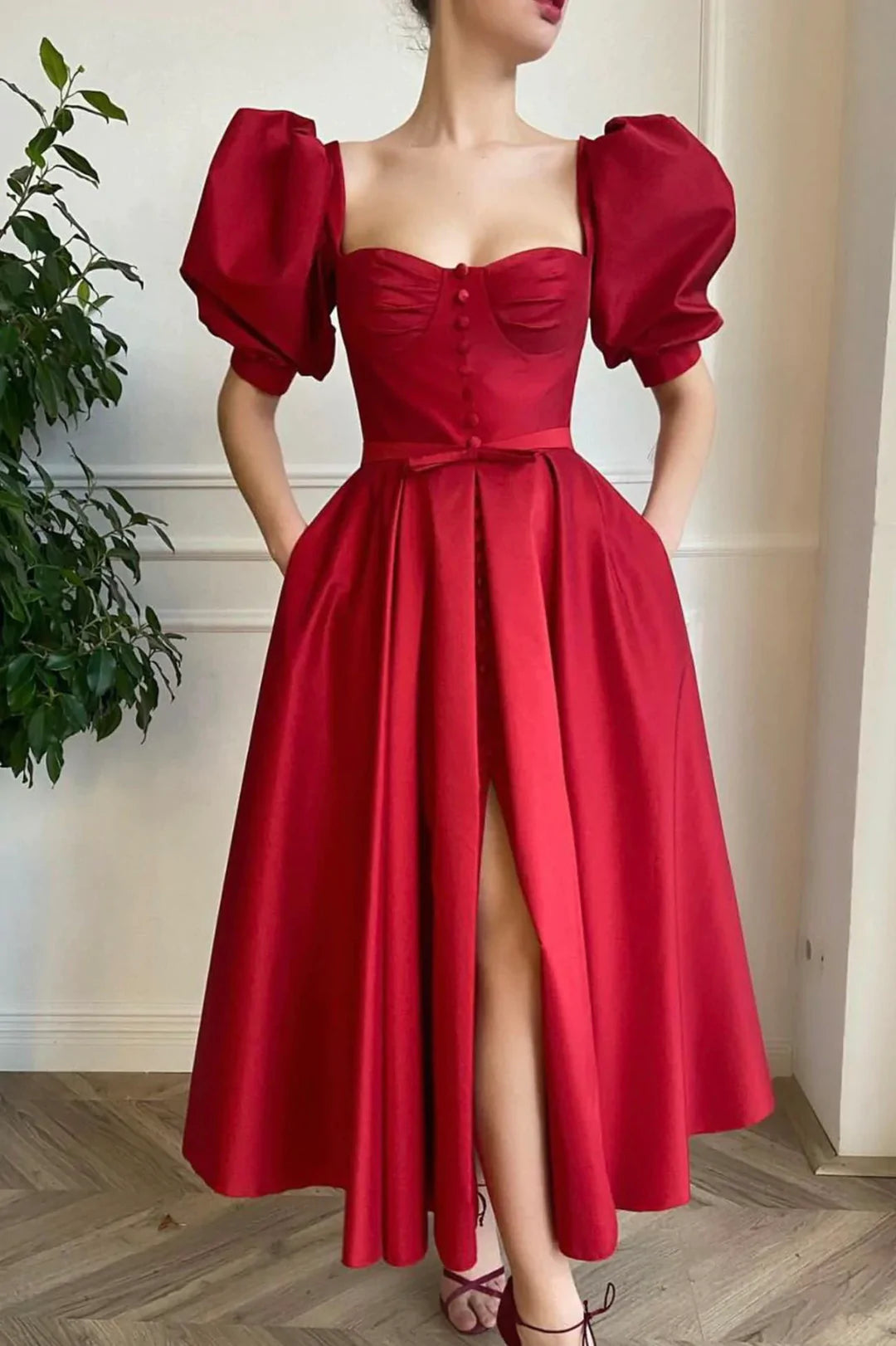 Red Satin Short Prom Dress, Cute Short Sleeve Party Dress with Slit