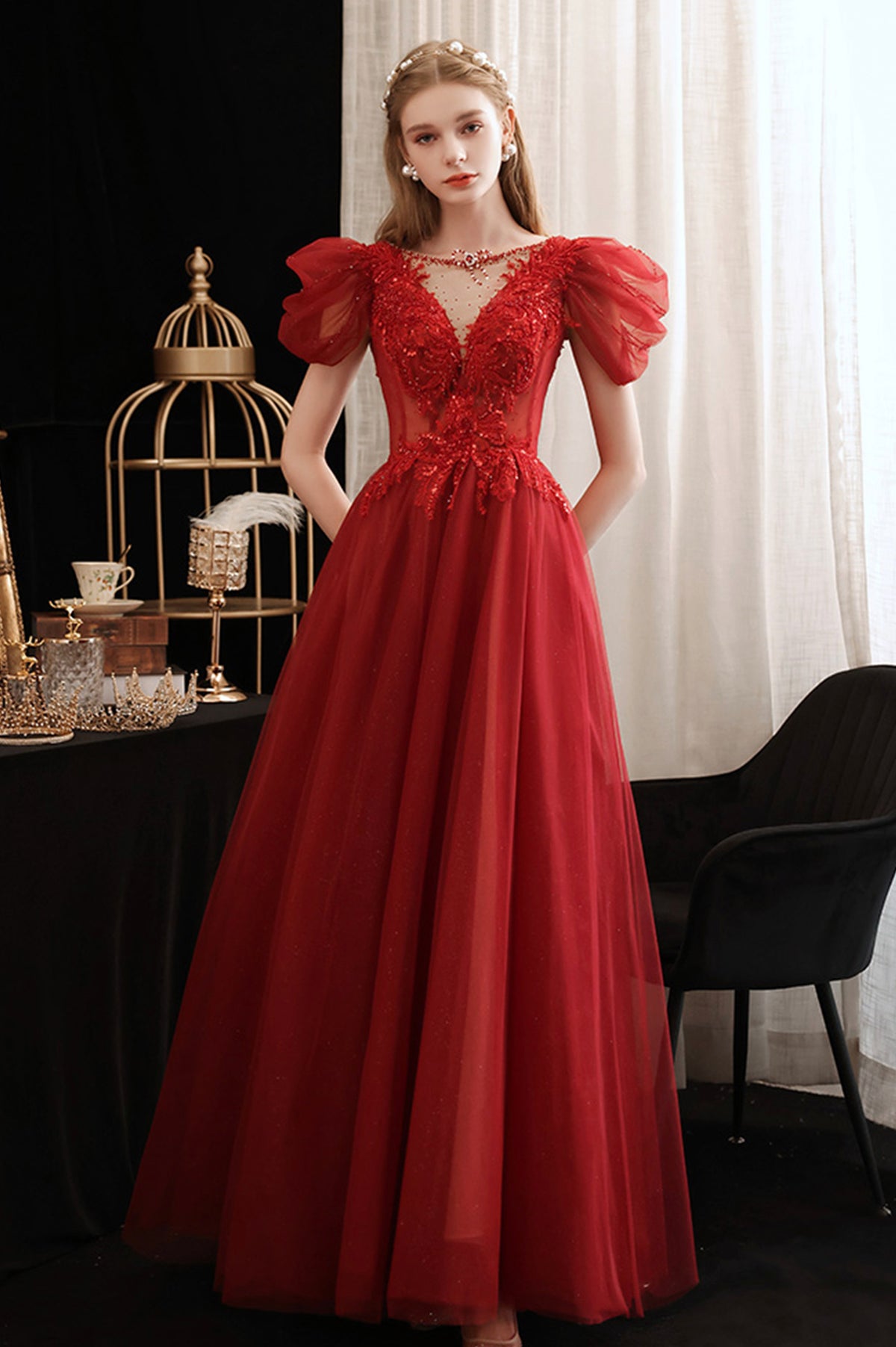 Burgundy Lace Long Prom Dress with Sequins, Cute Puff Sleeve Graduation Dress