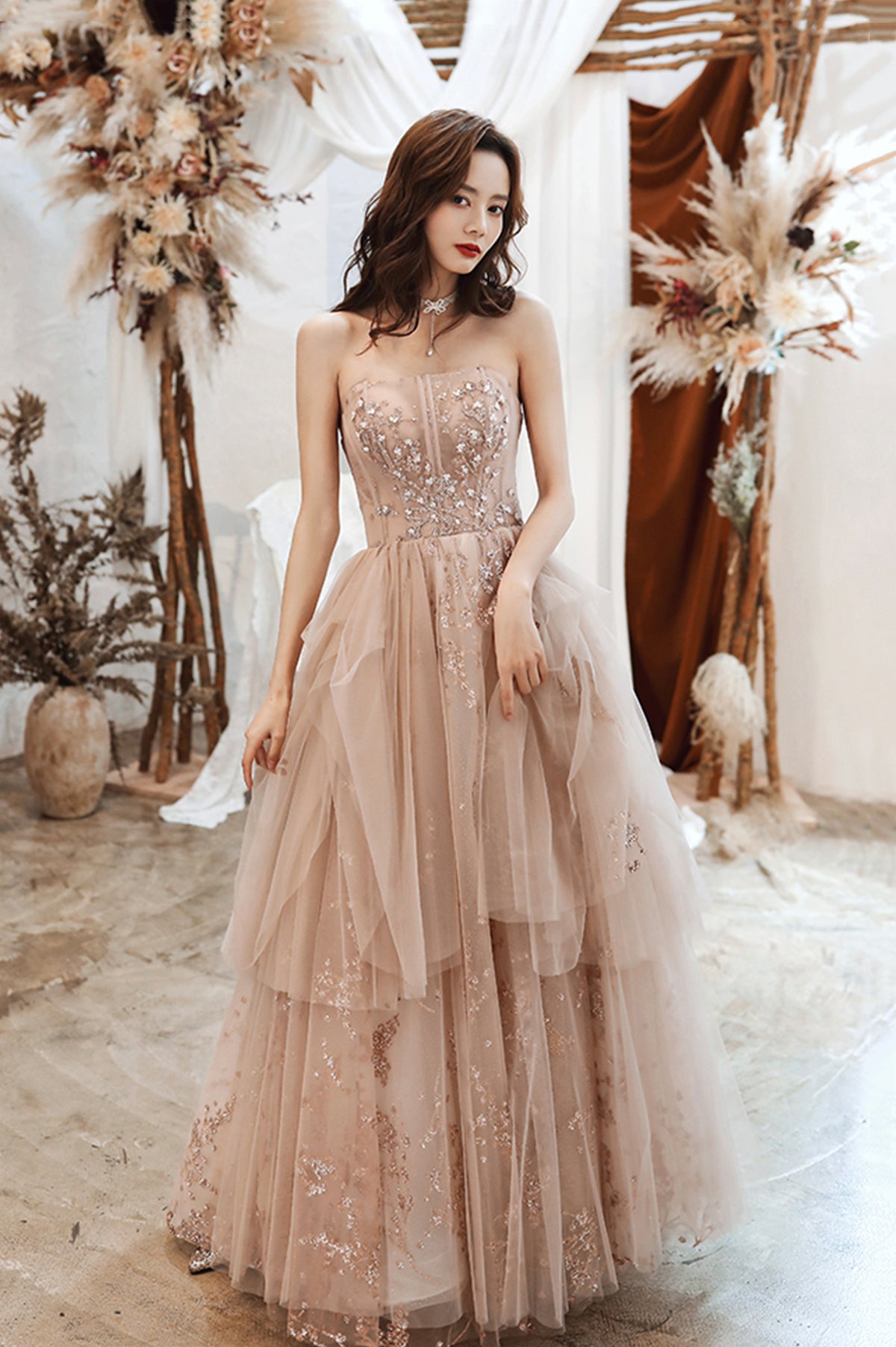 Cute Strapless Tulle Sequins Long Prom Dress, A-Line Graduation Dress