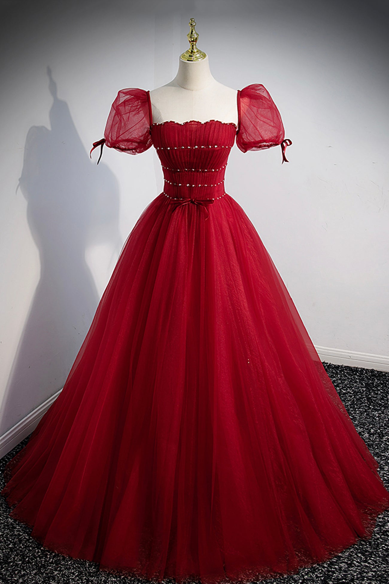 Red Tulle Floor Length Evening Party Dress, Red Short Sleeve Graduatio Red Tulle Floor Length Evening Party Dress, Red Short Sleeve Graduatio