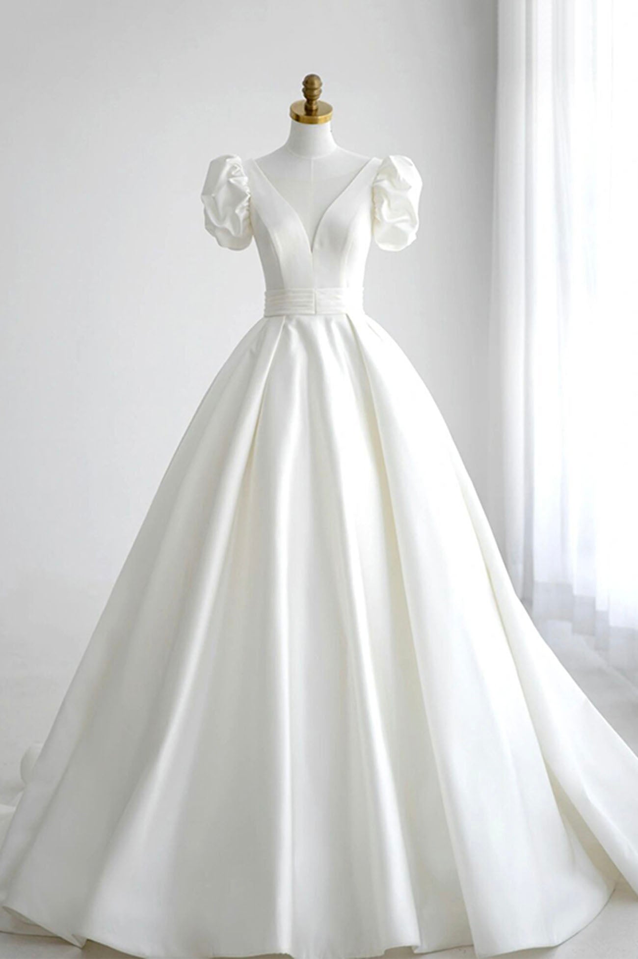 White V-Neck Satin Long Prom Dress, A-Line Short Sleeve Formal Dress White V-Neck Satin Long Prom Dress, A-Line Short Sleeve Formal Dress