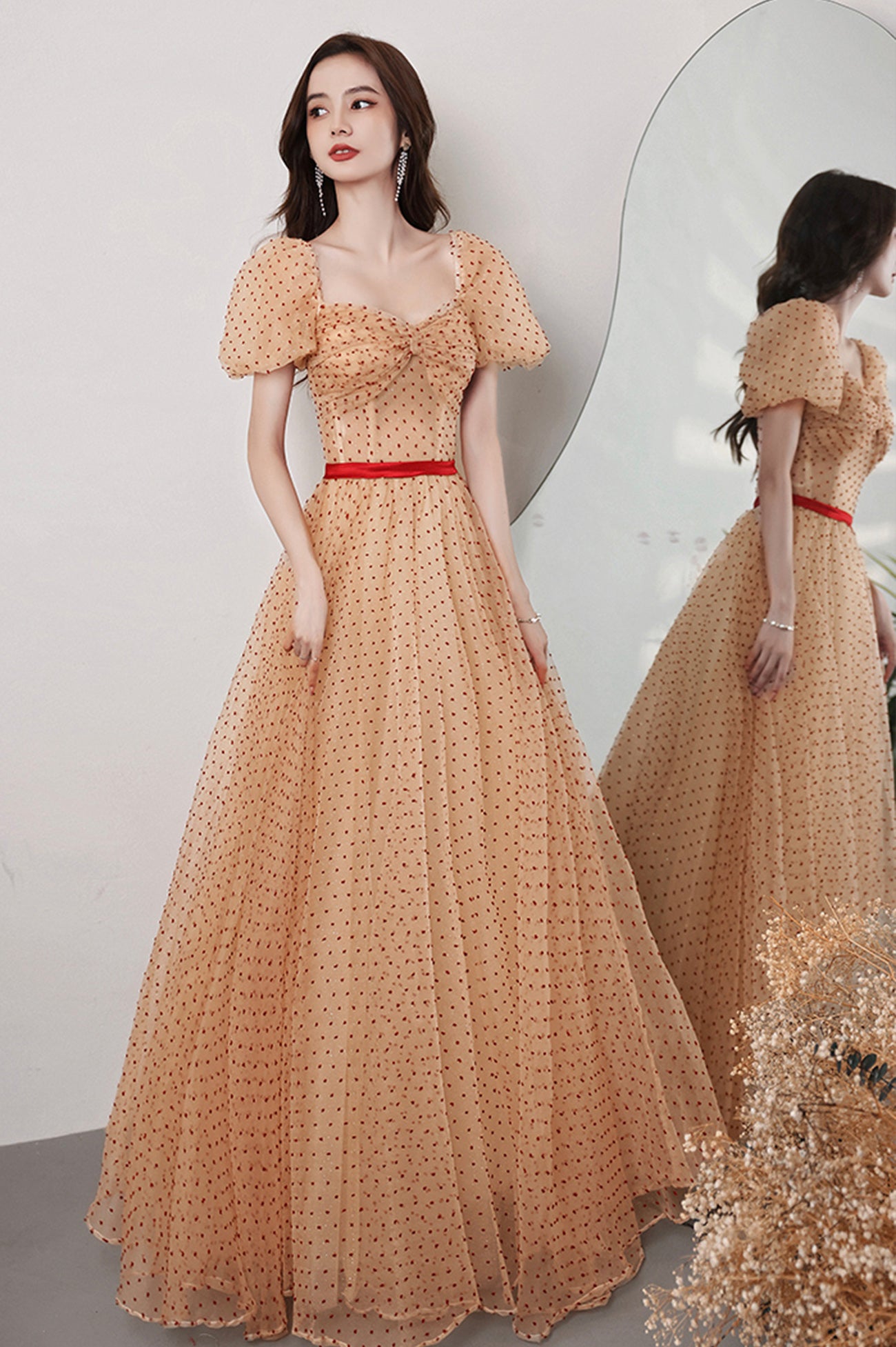 Lovely Tulle Polka Dot Long Prom Dress, A-Line Short Sleeve Evening Dr Lovely Tulle Polka Dot Long Prom Dress, A-Line Short Sleeve Evening Dr
