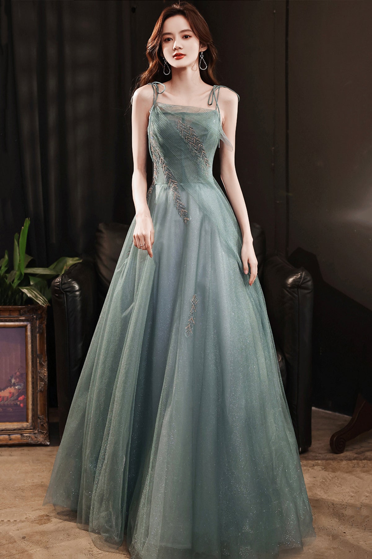Beautiful Green Tulle Long Prom Dress, A-Line Spaghetti Straps Evening Dress