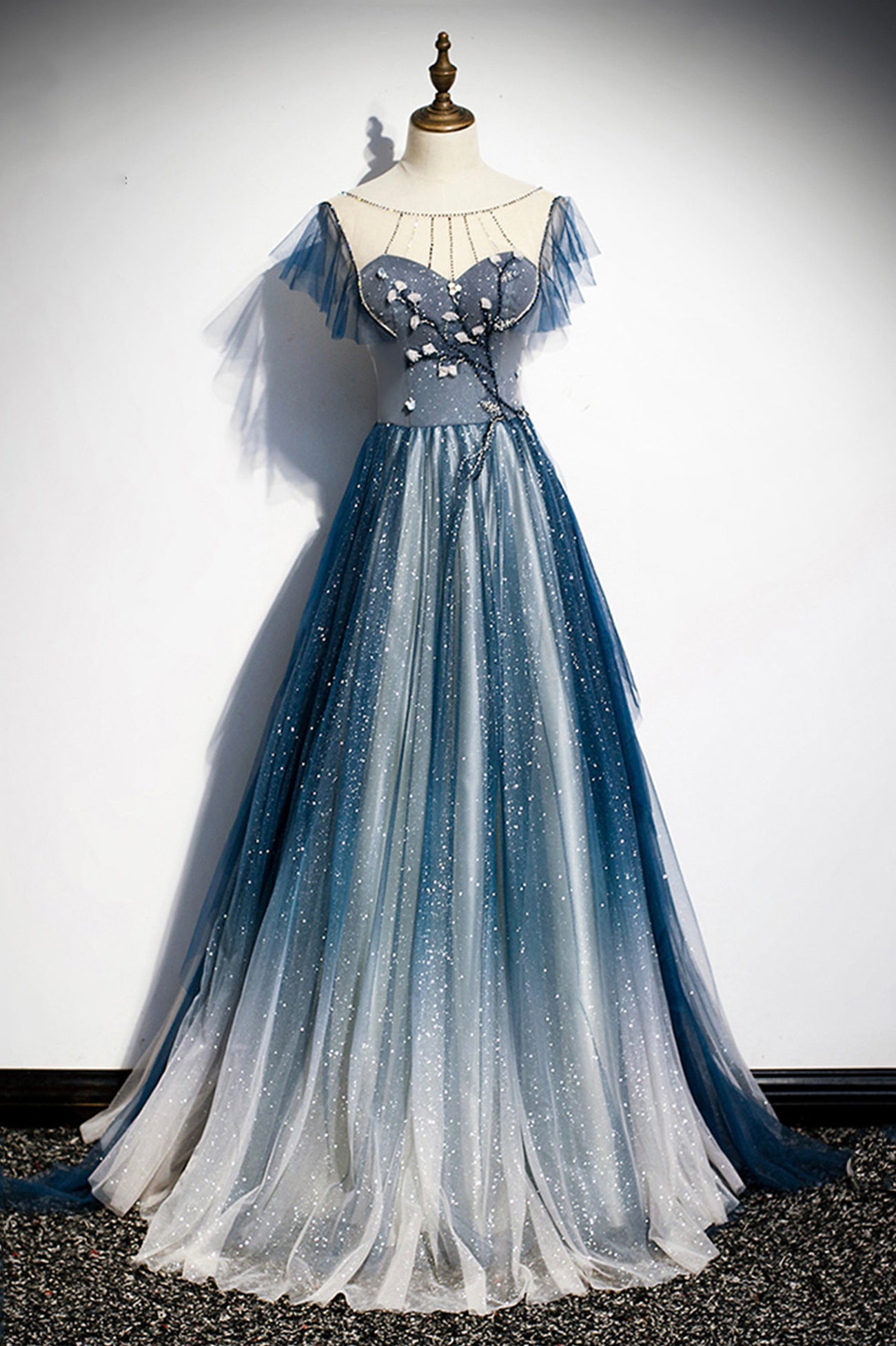 Blue Tulle Beading Long A-Line Prom Dress, Scoop Neckline Evening Dres Blue Tulle Beading Long A-Line Prom Dress, Scoop Neckline Evening Dres